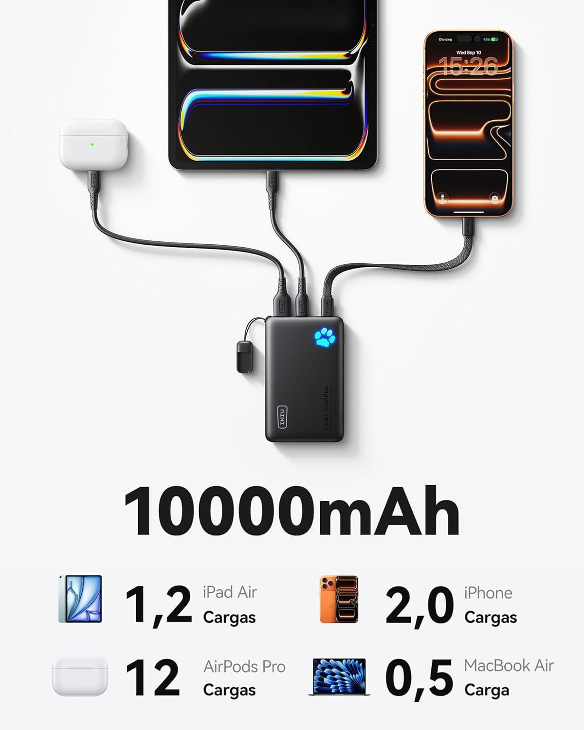INIU Power Bank, Pequeño 45W Carga Rápida 10000mAh Bateria Externa con Cable USB C Desmontable, Apto para Avión, Esenciales de Viaje, Bateria Portatil para iPhone 17 16 Pro, Samsung S22, Xiaomi etc - 5