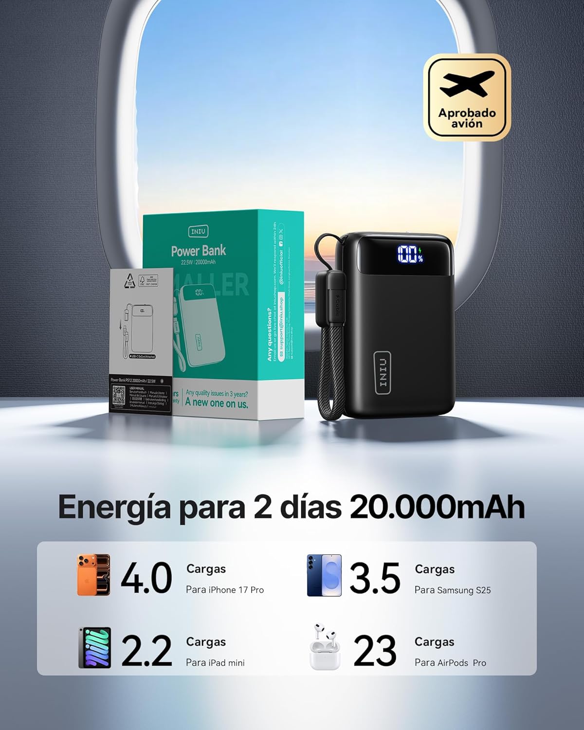 INIU Power Bank, Ultrapequeño 20000mAh 22,5W Carga Rapida Bateria Externa con Cable USB C Adjunto, Apto para Avión, Esenciales de Viaje, Bateria Portatil para iPhone 17 16, Samsung, iPad, Xiaomi etc - 4