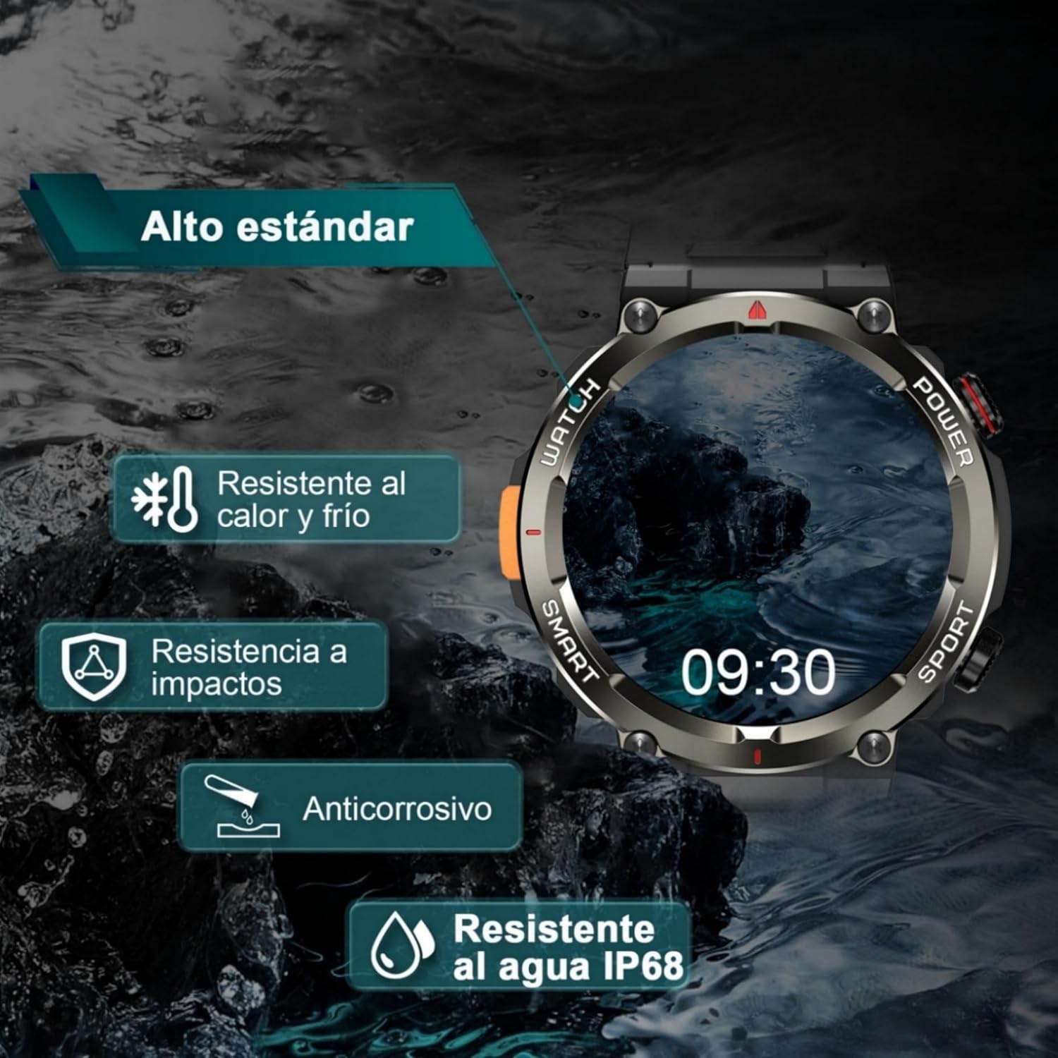 IOWODO Reloj Inteligente Hombre Militar con Llamadas Bluetooth, 1.45" Smartwatch con Linterna LED y Brújula, Batería de 20-30 días, 123 Modos Deporte, Monitor Cardíaco/SpO2/Sueño 24h, IP68, 2 Correas - 3
