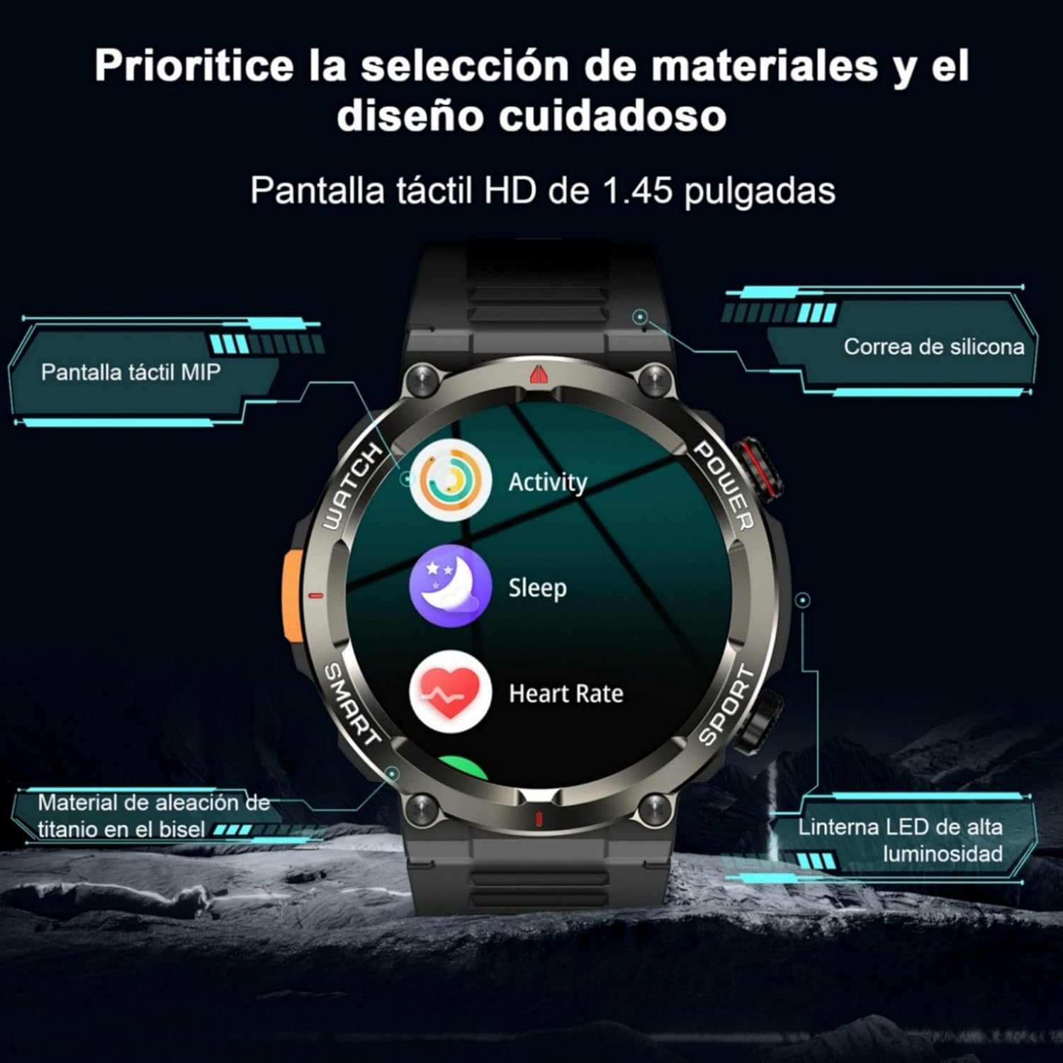 IOWODO Reloj Inteligente Hombre Militar con Llamadas Bluetooth, 1.45" Smartwatch con Linterna LED y Brújula, Batería de 20-30 días, 123 Modos Deporte, Monitor Cardíaco/SpO2/Sueño 24h, IP68, 2 Correas - 4