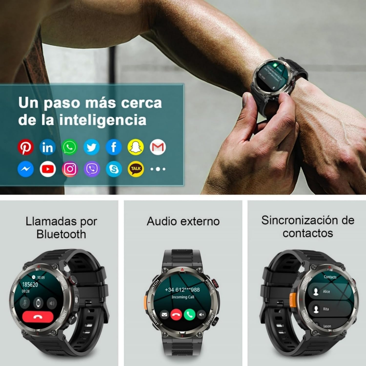 IOWODO Reloj Inteligente Hombre Militar con Llamadas Bluetooth, 1.45" Smartwatch con Linterna LED y Brújula, Batería de 20-30 días, 123 Modos Deporte, Monitor Cardíaco/SpO2/Sueño 24h, IP68, 2 Correas - 5