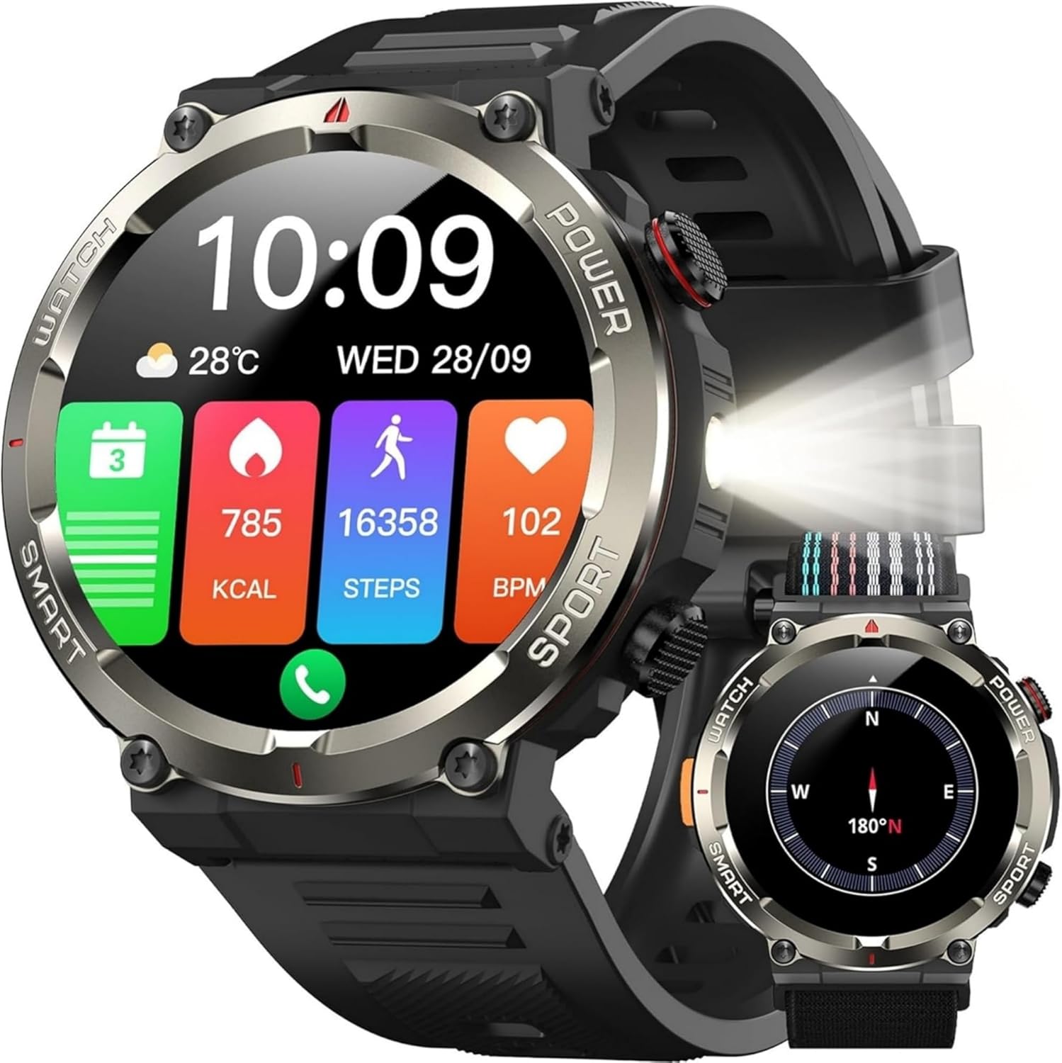 IOWODO Reloj Inteligente Hombre Militar con Llamadas Bluetooth, 1.45" Smartwatch con Linterna LED y Brújula, Batería de 20-30 días, 123 Modos Deporte, Monitor Cardíaco/SpO2/Sueño 24h, IP68, 2 Correas - 1