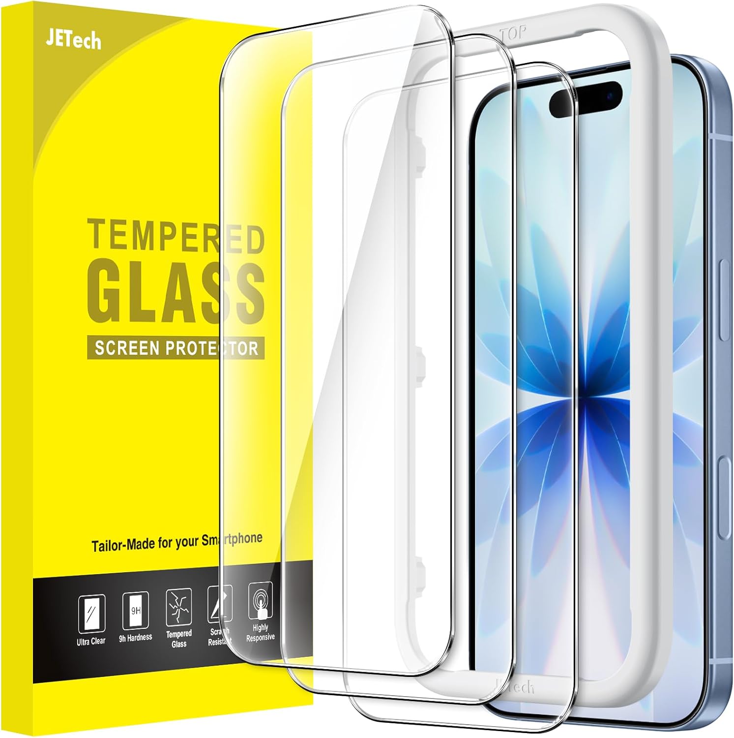 JETech Protector Pantalla para iPhone 17 6,3 Pulgadas, Cristal Vidrio Templado con Marco de Instalación Fácil, 9H Dureza, Amigable para Funda, 3 Unidades - 1
