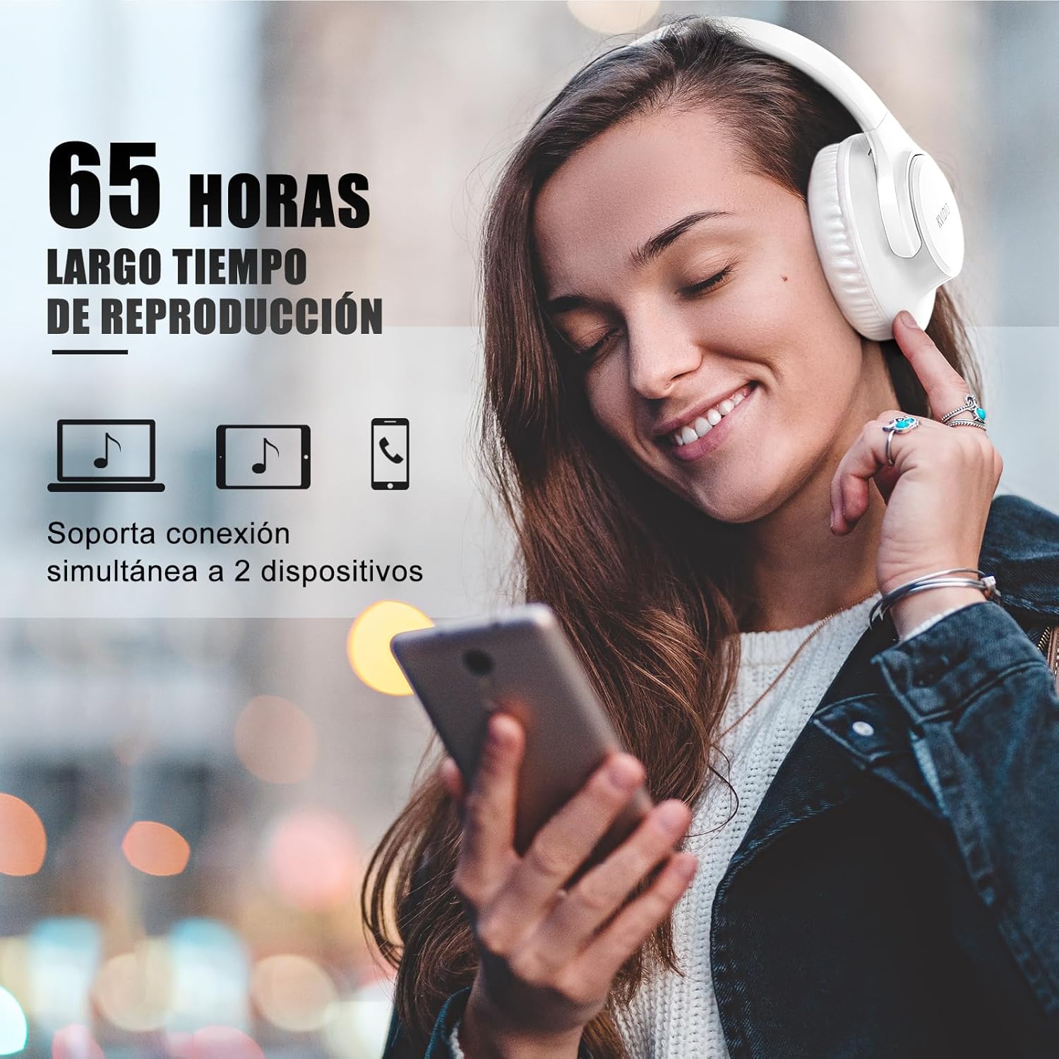 KVIDIO Auriculares Inalambricos Bluetooth, 65 Horas de Reproducción Auriculares Bluetooth, Cascos Ligeros Plegables con Micrófono, Graves Profundos - 2