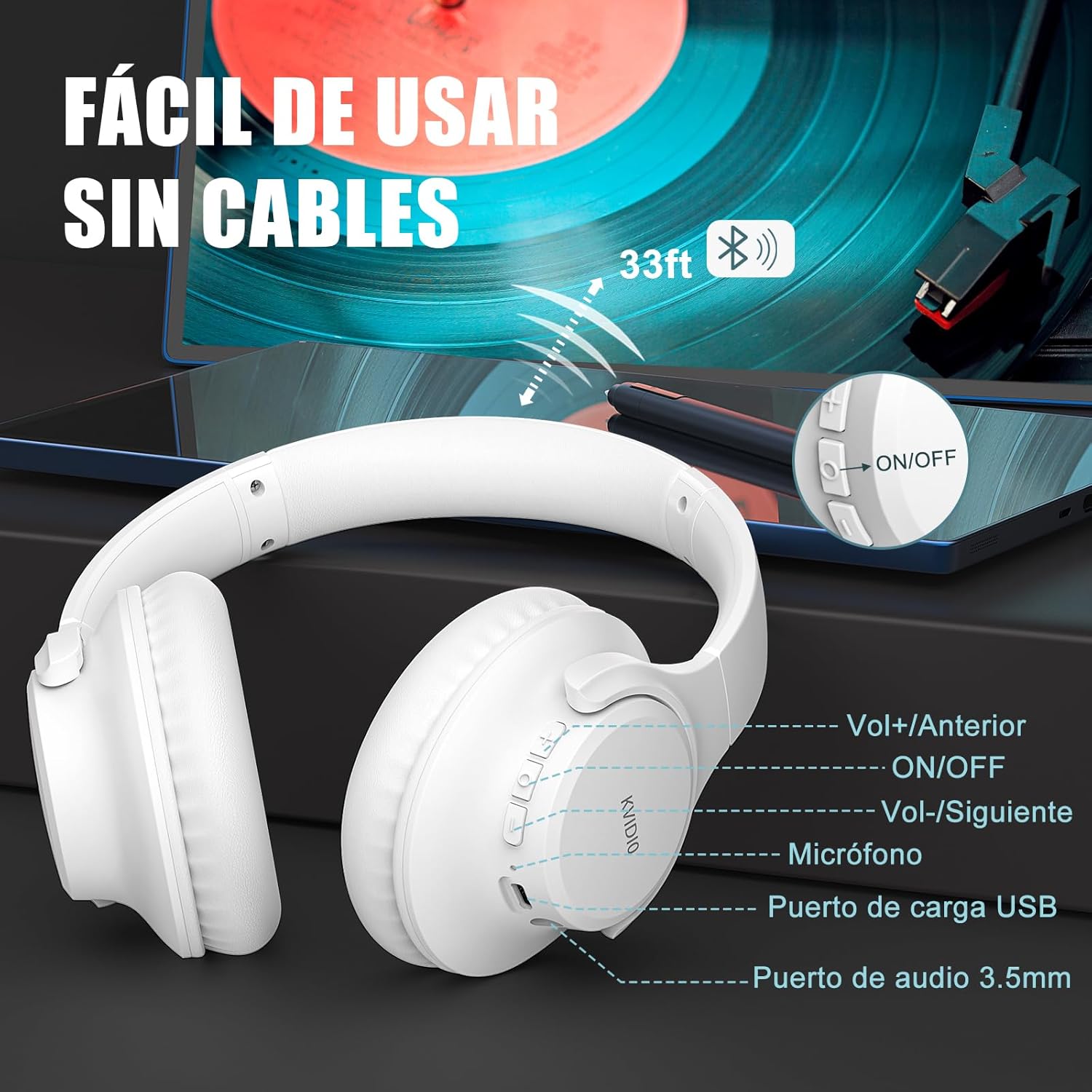 KVIDIO Auriculares Inalambricos Bluetooth, 65 Horas de Reproducción Auriculares Bluetooth, Cascos Ligeros Plegables con Micrófono, Graves Profundos - 3