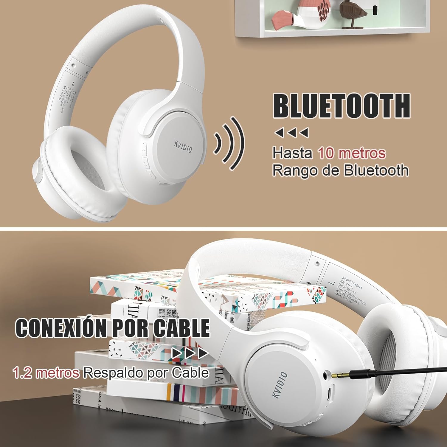 KVIDIO Auriculares Inalambricos Bluetooth, 65 Horas de Reproducción Auriculares Bluetooth, Cascos Ligeros Plegables con Micrófono, Graves Profundos - 6