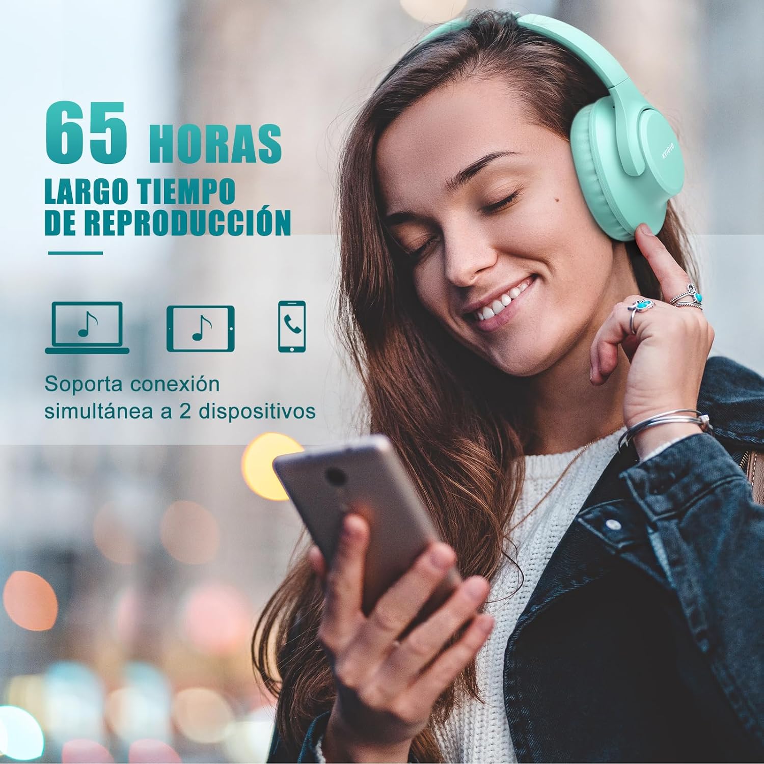 KVIDIO Auriculares Inalambricos Bluetooth, 65 Horas de Reproducción Auriculares Bluetooth, Cascos Ligeros Plegables con Micrófono, Graves Profundos (Negro) (Verde) - 2