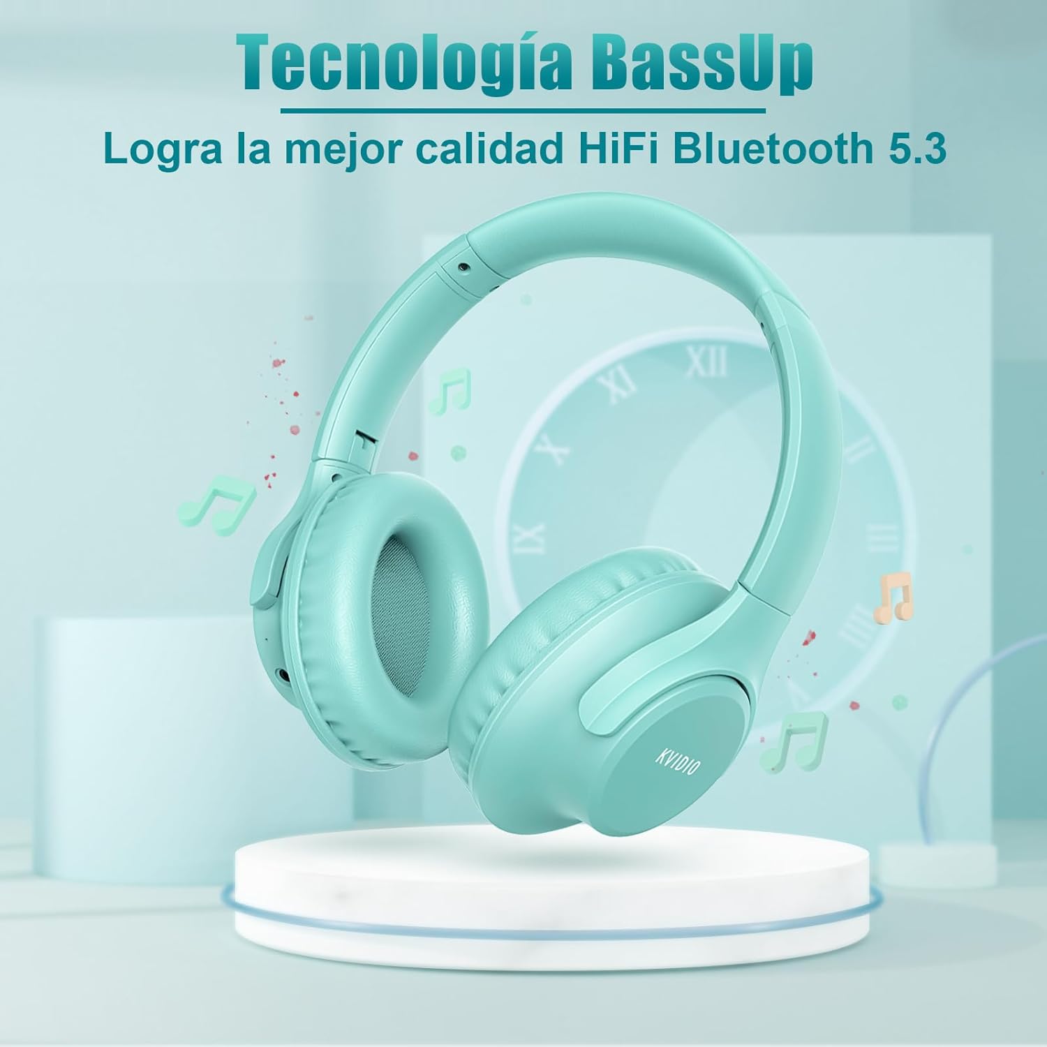 KVIDIO Auriculares Inalambricos Bluetooth, 65 Horas de Reproducción Auriculares Bluetooth, Cascos Ligeros Plegables con Micrófono, Graves Profundos (Negro) (Verde) - 4