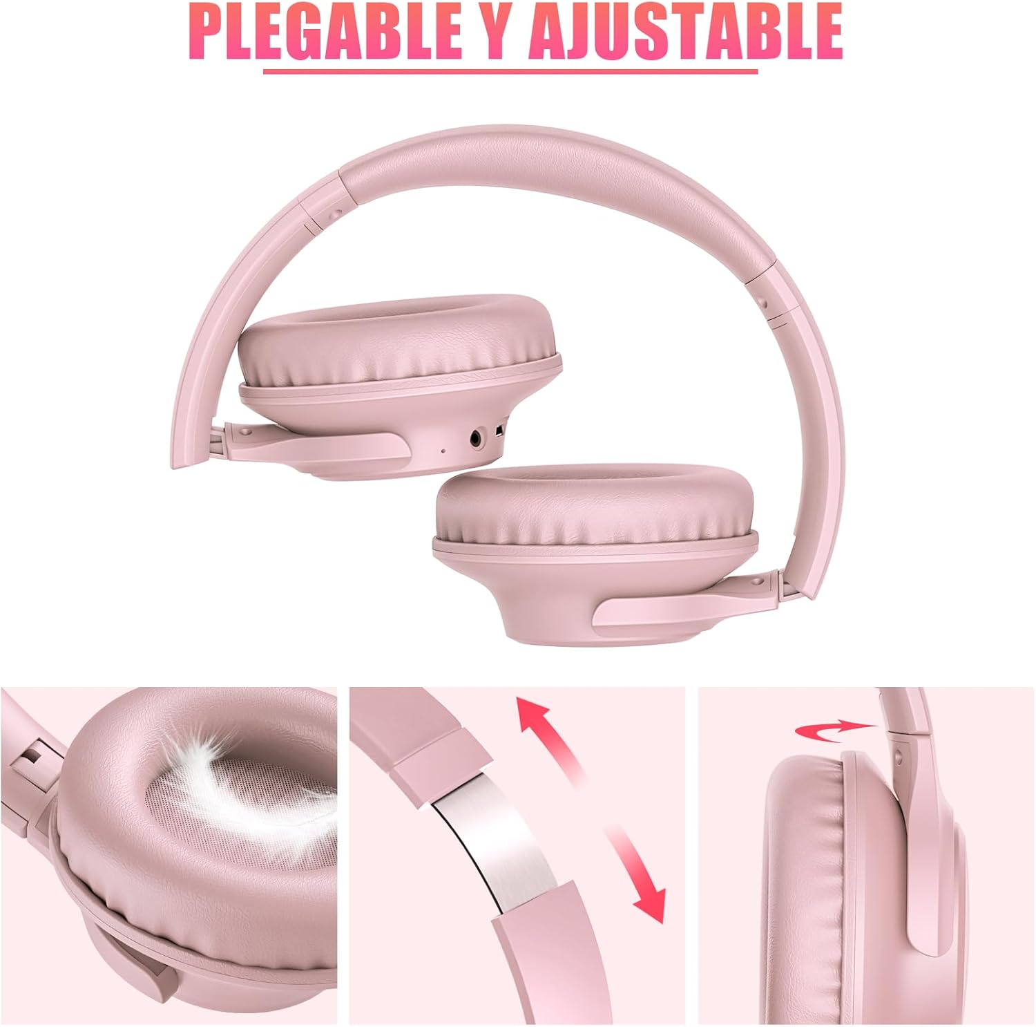 KVIDIO Auriculares Inalambricos Bluetooth, 65 Horas de Reproducción Auriculares Bluetooth, Cascos Ligeros Plegables con Micrófono, Graves Profundos (Rosa) - 2