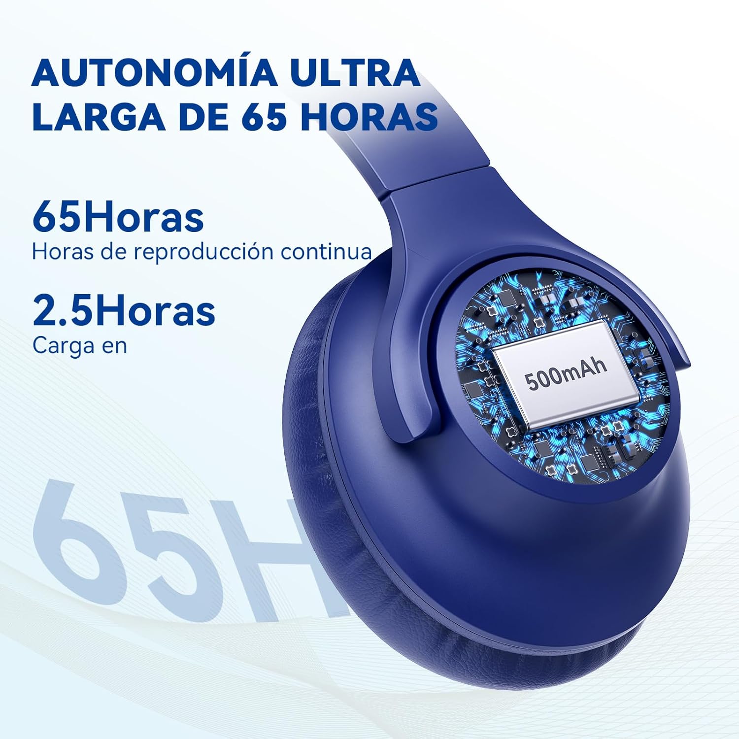 KVIDIO Auriculares Supraaurales Inalámbricos, 65 Horas de Reproducción Auriculares Bluetooth, Cascos Ligeros Plegables con Micrófono, Graves Profundos (Azul) - 2