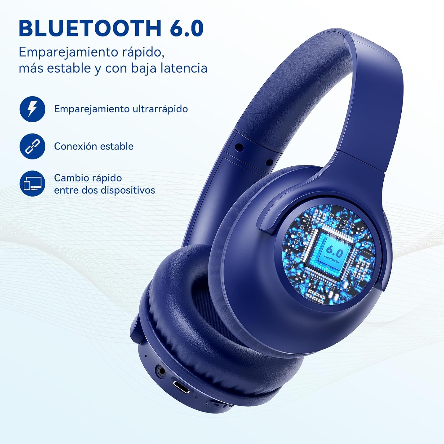 KVIDIO Auriculares Supraaurales Inalámbricos, 65 Horas de Reproducción Auriculares Bluetooth, Cascos Ligeros Plegables con Micrófono, Graves Profundos (Azul) - 4