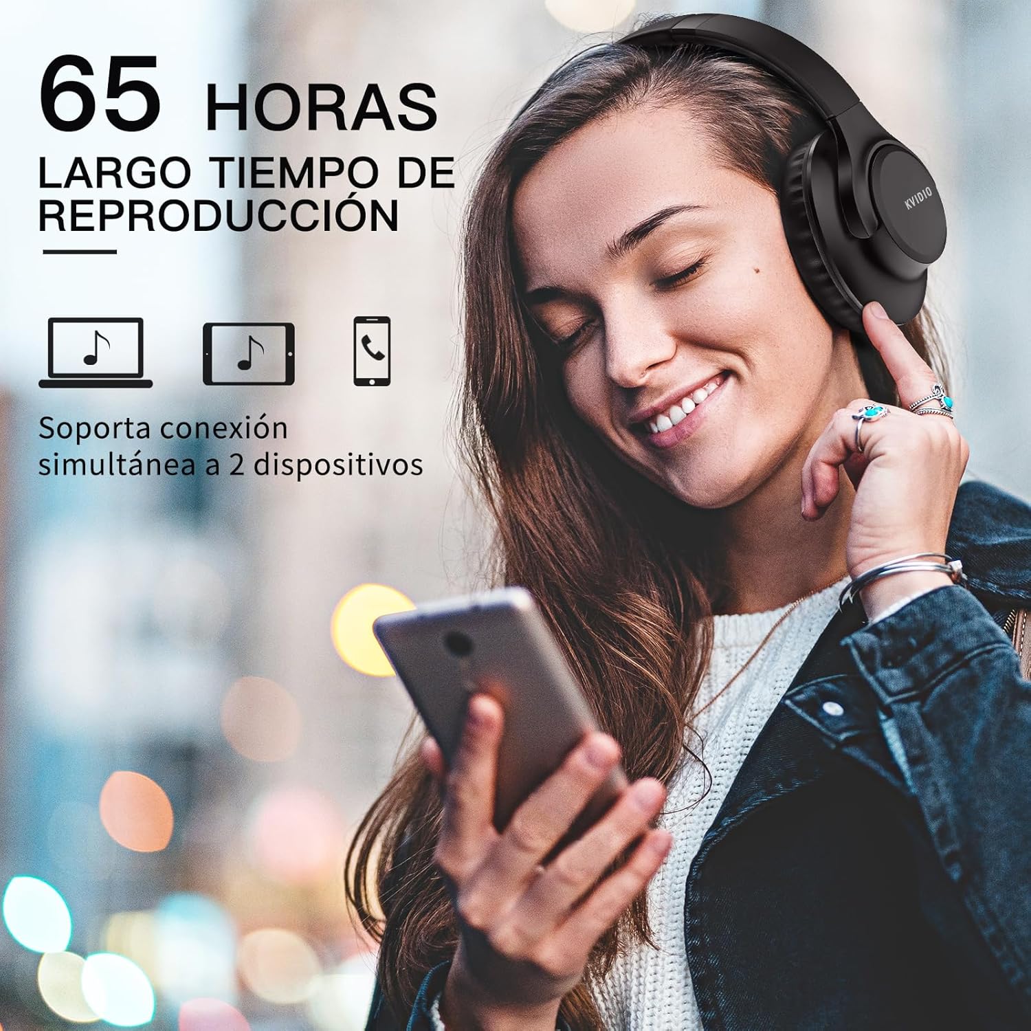 KVIDIO Auriculares Supraaurales Inalámbricos, 65 Horas de Reproducción Auriculares Bluetooth, Cascos Ligeros Plegables con Micrófono, Graves Profundos (Negro) - 2