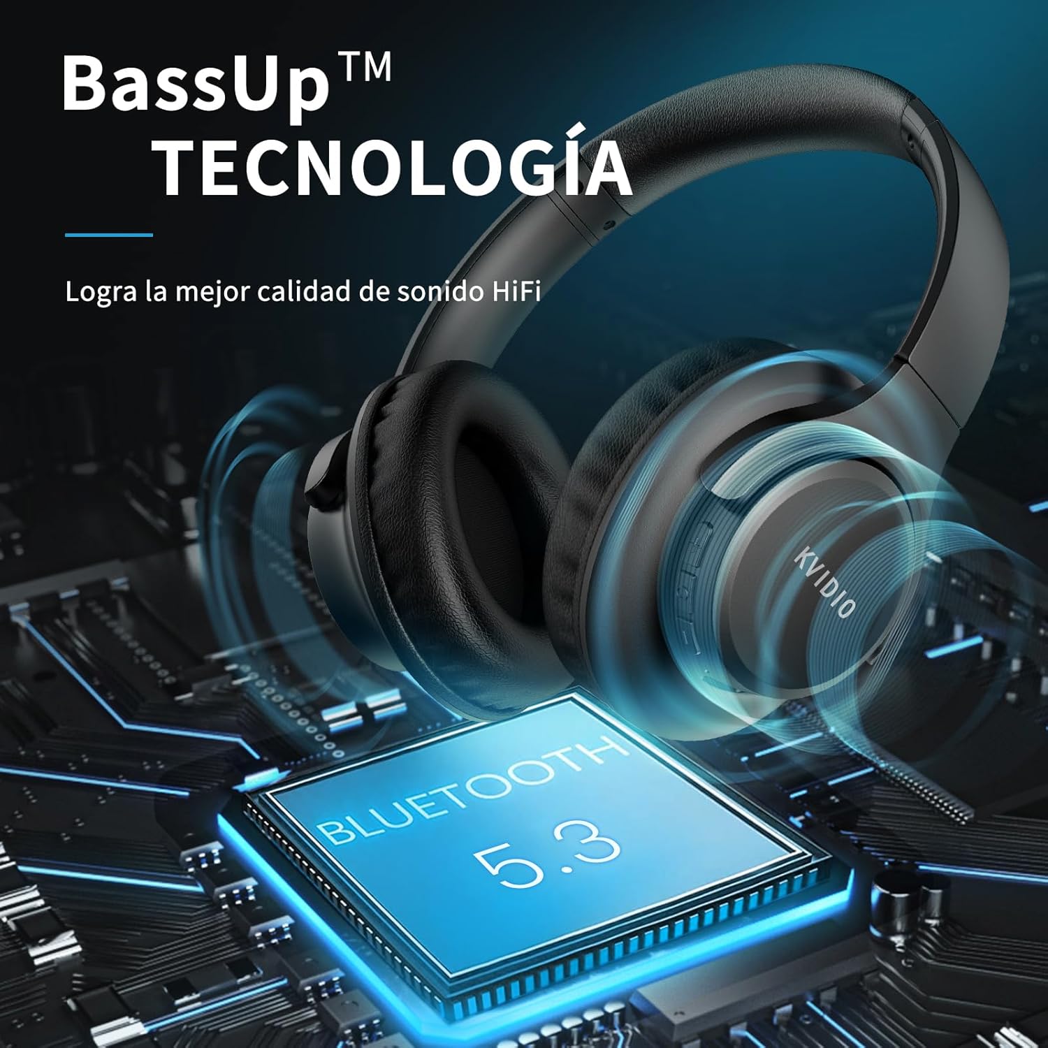 KVIDIO Auriculares Supraaurales Inalámbricos, 65 Horas de Reproducción Auriculares Bluetooth, Cascos Ligeros Plegables con Micrófono, Graves Profundos (Negro) - 3