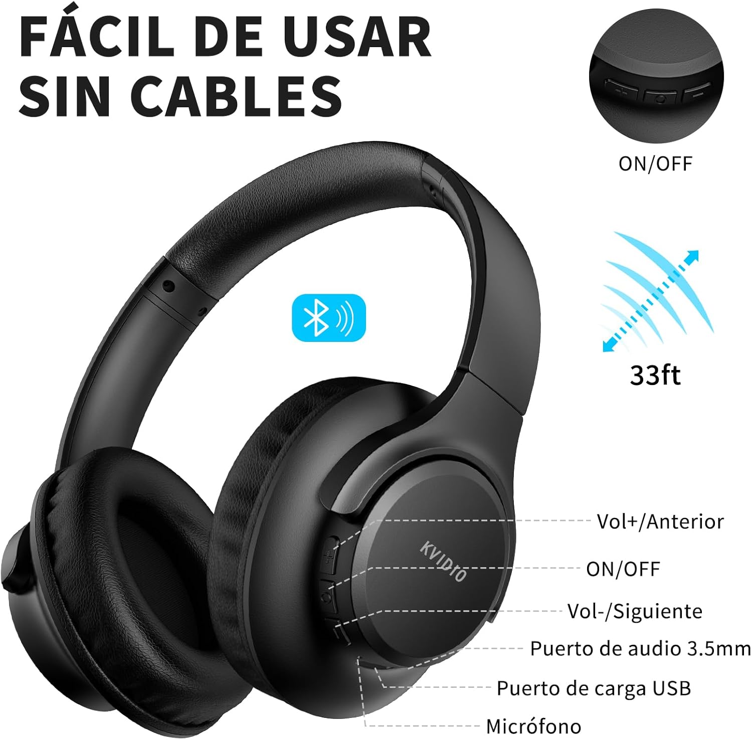 KVIDIO Auriculares Supraaurales Inalámbricos, 65 Horas de Reproducción Auriculares Bluetooth, Cascos Ligeros Plegables con Micrófono, Graves Profundos (Negro) - 4