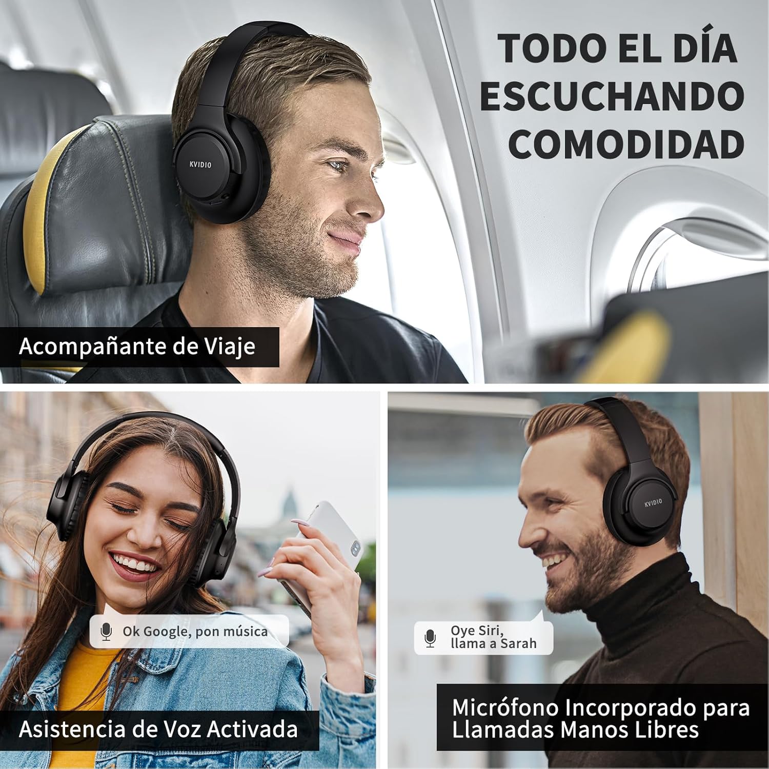 KVIDIO Auriculares Supraaurales Inalámbricos, 65 Horas de Reproducción Auriculares Bluetooth, Cascos Ligeros Plegables con Micrófono, Graves Profundos (Negro) - 5