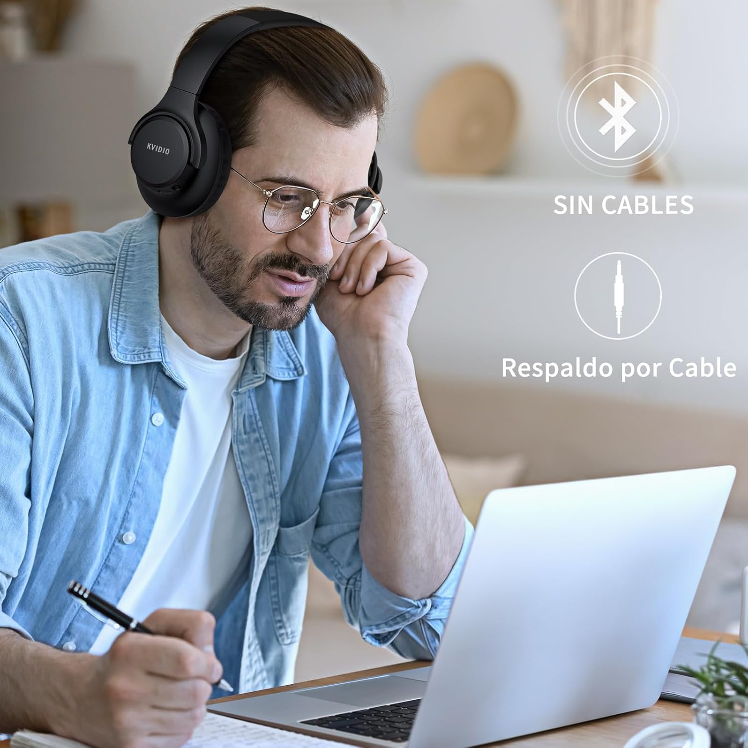 KVIDIO Auriculares Supraaurales Inalámbricos, 65 Horas de Reproducción Auriculares Bluetooth, Cascos Ligeros Plegables con Micrófono, Graves Profundos (Negro) - 6