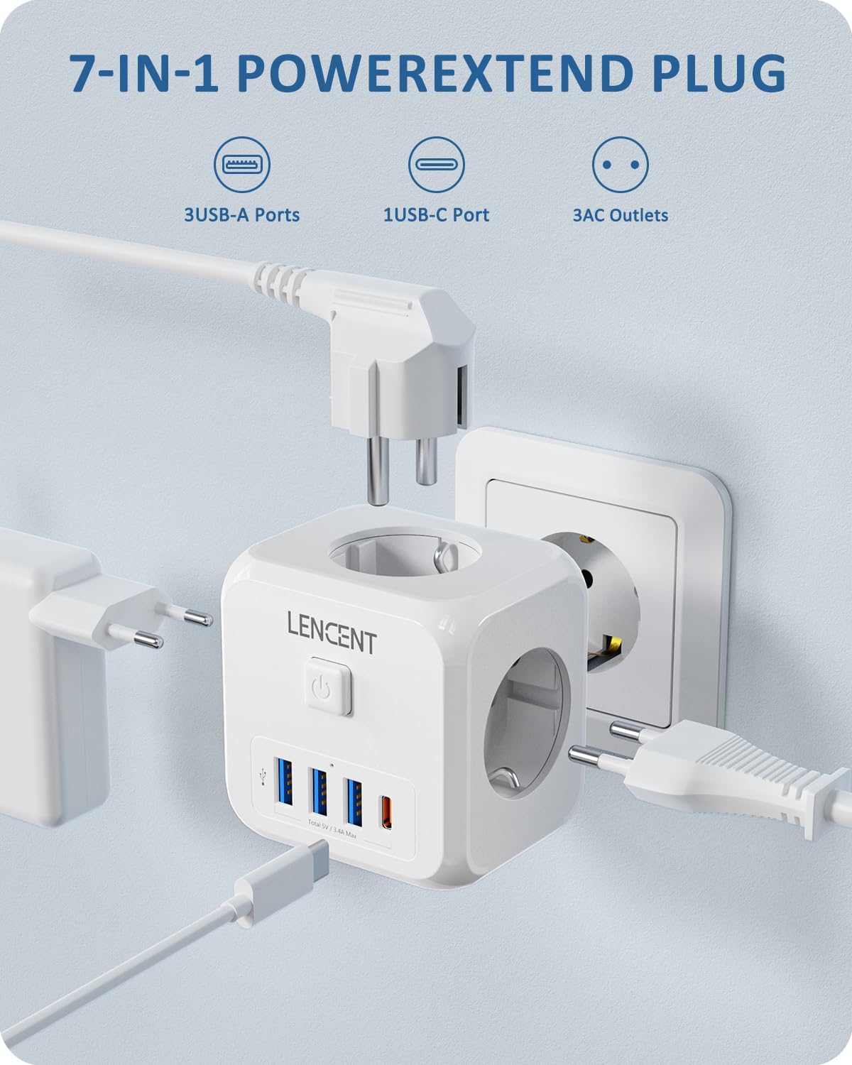 LENCENT Cubo Enchufe USB 7 en 1, Ladron Enchufes 4000W, Triple Múltiples Pared con 3 Tomas de CA, 3 USB-A, 1 Tipo C y Interruptor, Cargador Regleta Pared para Oficina, Cocina y Habitación - 2