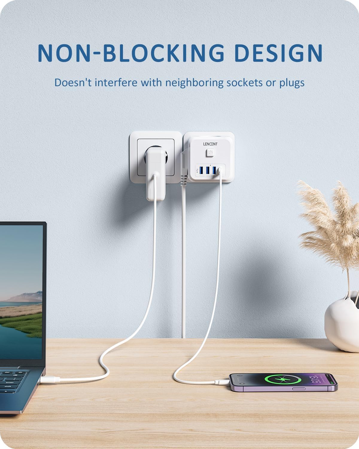 LENCENT Cubo Enchufe USB 7 en 1, Ladron Enchufes 4000W, Triple Múltiples Pared con 3 Tomas de CA, 3 USB-A, 1 Tipo C y Interruptor, Cargador Regleta Pared para Oficina, Cocina y Habitación - 3
