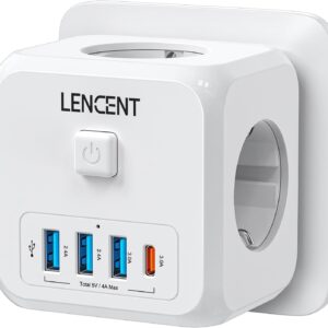 LENCENT Cubo Enchufe USB 7 en 1, Ladron Enchufes 4000W, Triple Múltiples Pared con 3 Tomas de CA, 3 USB-A, 1 Tipo C y Interruptor, Cargador Regleta Pared para Oficina, Cocina y Habitación