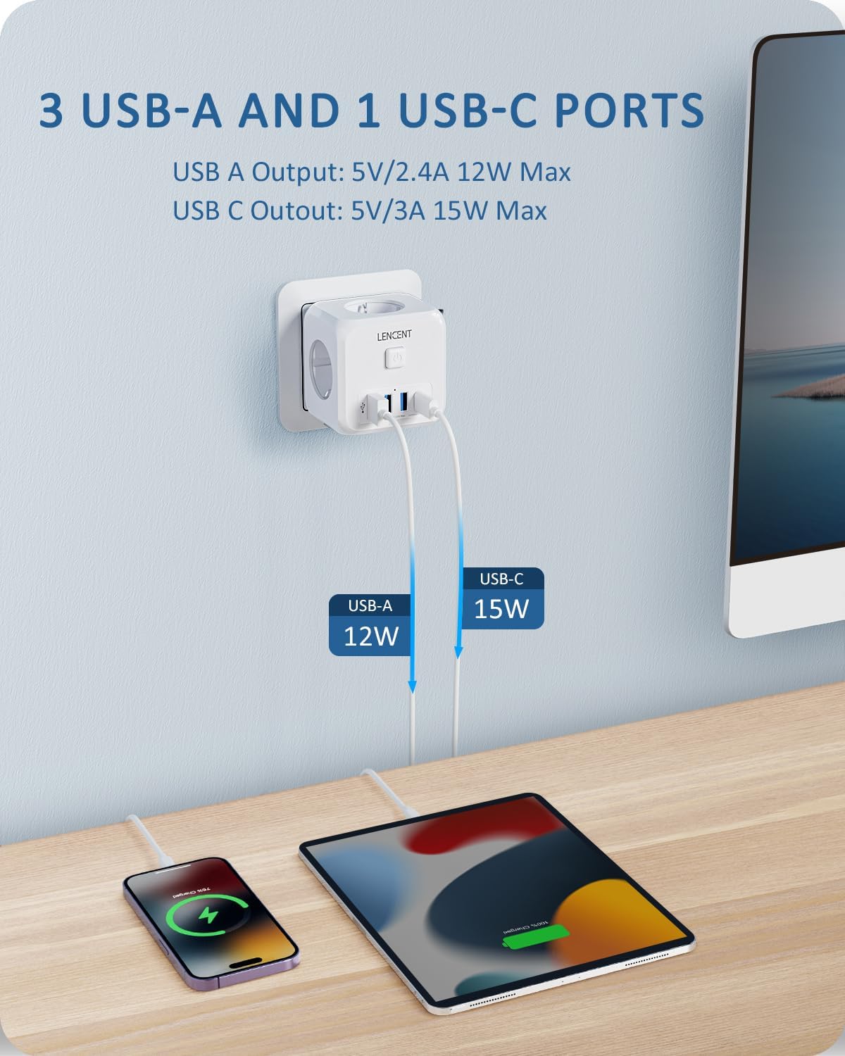 LENCENT Cubo Enchufe USB 7 en 1, Ladron Enchufes 4000W, Triple Múltiples Pared con 3 Tomas de CA, 3 USB-A, 1 Tipo C y Interruptor, Cargador Regleta Pared para Oficina, Cocina y Habitación - 4