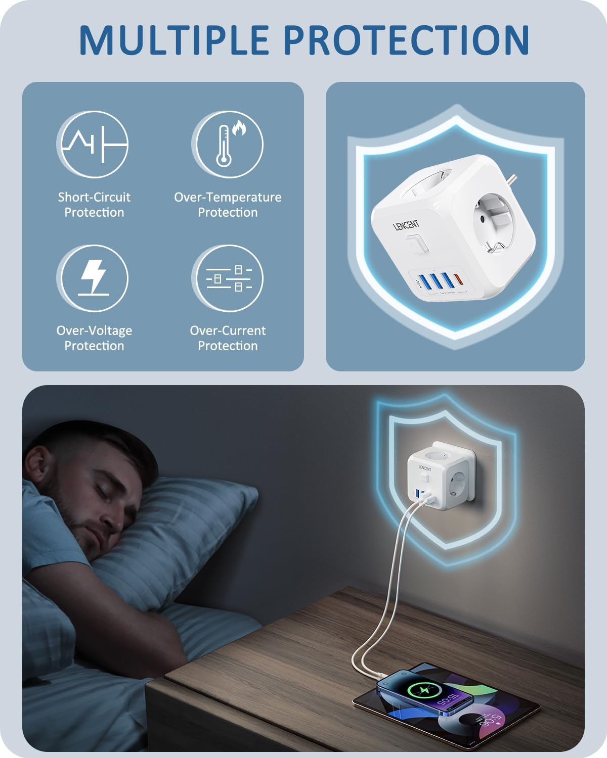 LENCENT Cubo Enchufe USB 7 en 1, Ladron Enchufes 4000W, Triple Múltiples Pared con 3 Tomas de CA, 3 USB-A, 1 Tipo C y Interruptor, Cargador Regleta Pared para Oficina, Cocina y Habitación - 5