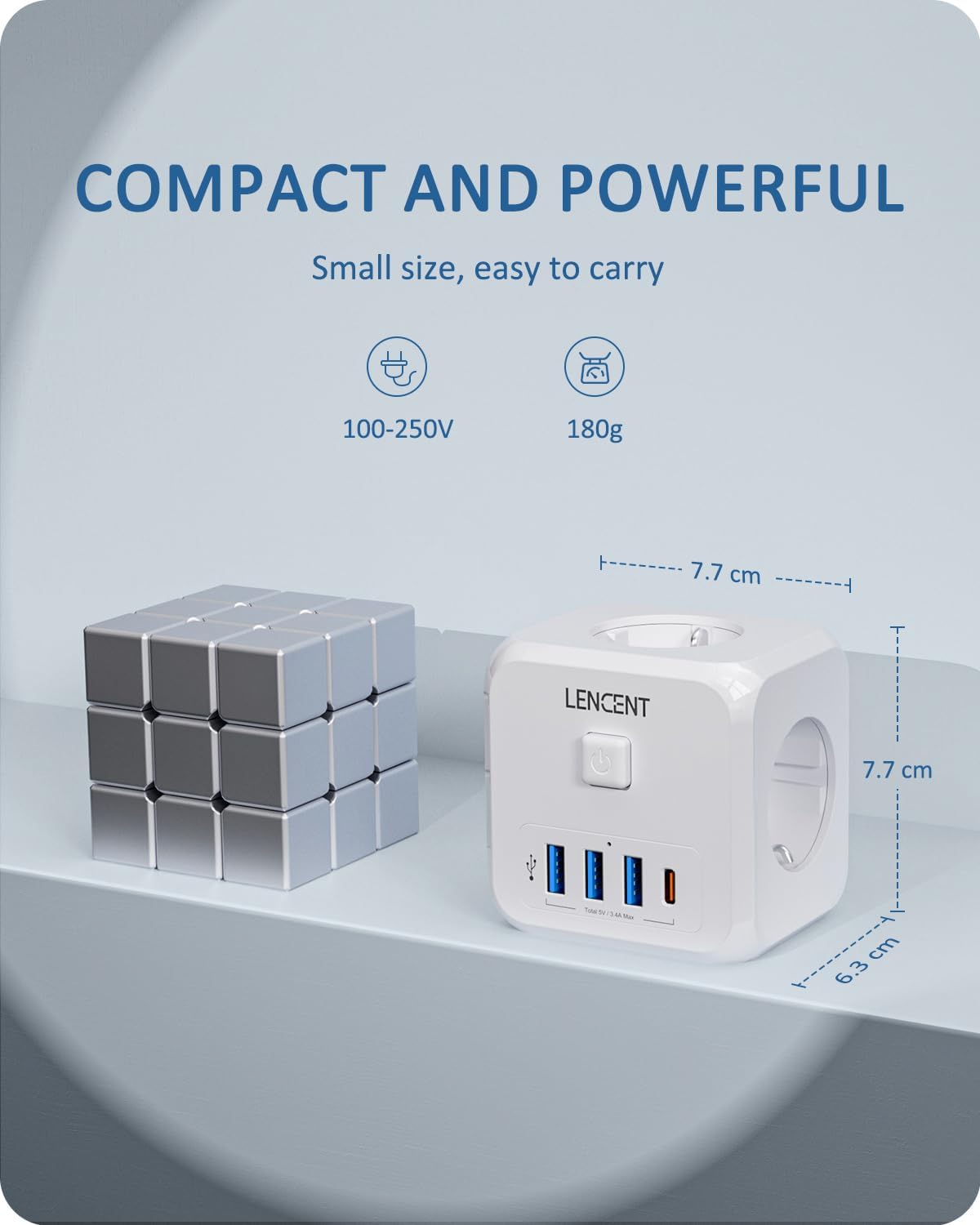 LENCENT Cubo Enchufe USB 7 en 1, Ladron Enchufes 4000W, Triple Múltiples Pared con 3 Tomas de CA, 3 USB-A, 1 Tipo C y Interruptor, Cargador Regleta Pared para Oficina, Cocina y Habitación - 6