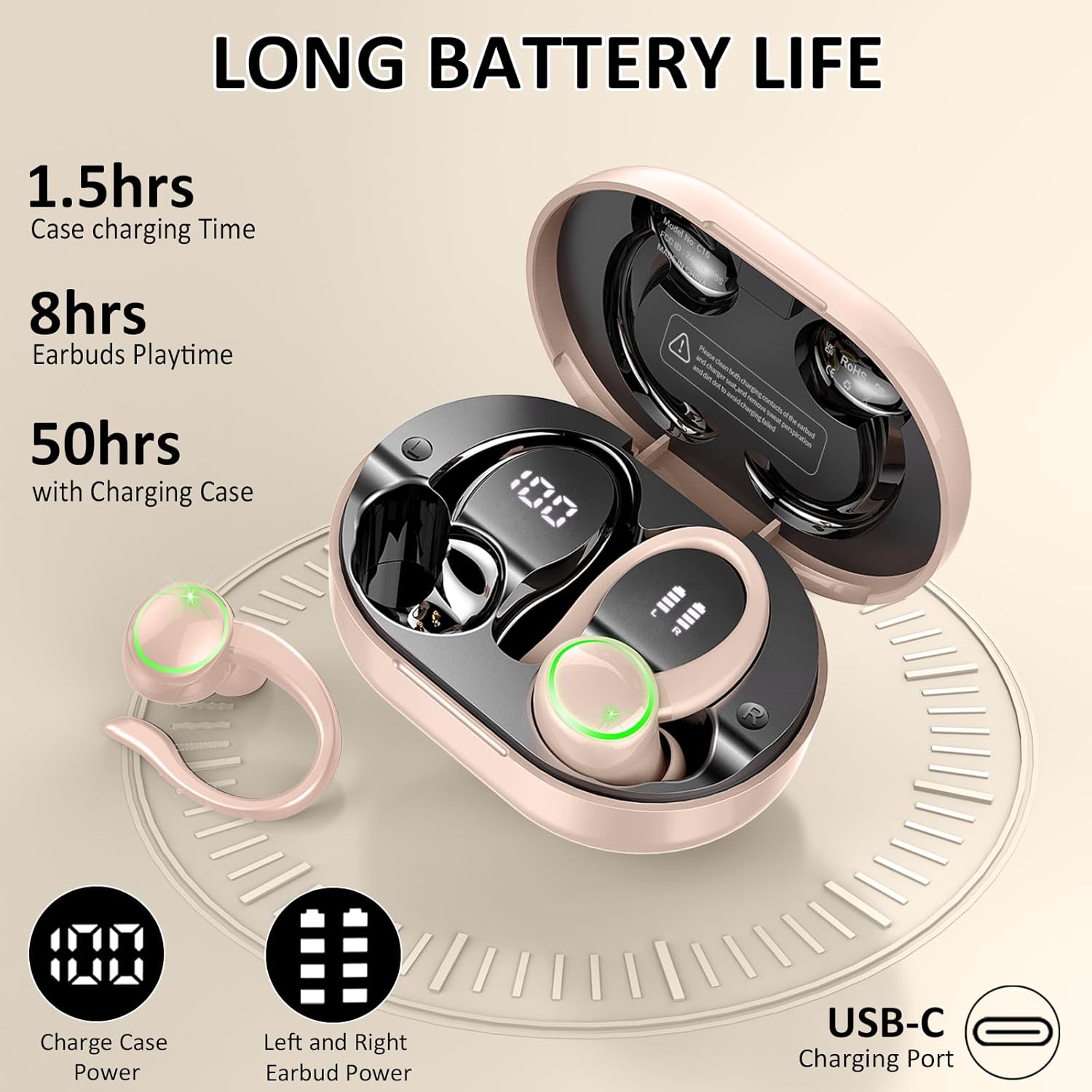 Matast Auriculares Inalambricos Deportivos, Auriculares Bluetooth 5.4 HiFi Estéreo con 4 HD Mic, 50H Cascos Inalambricos Bluetooth con Cancelacion Ruido ENC, IP7 Impermeable Cascos, Pantalla LED - 4