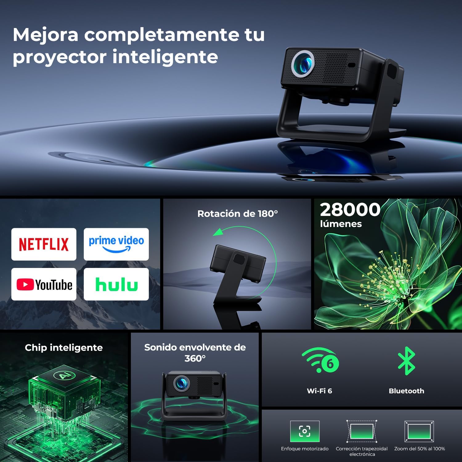 Proyector Compatible con Netflix 28000 Lúmenes, Einyoumily, WiFi6 Bluetooth, Proyector Portátil Enfoque Eléctrico/Corrección Trapezoidal 4D, Admite Más de 100000 Apps - 3