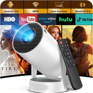 Proyector Portátil, Mini Proyector 4k 1080P Full HD Soporte 200 ANSI con WiFi 6 Bluetooth 5.4 Android 12.0, Altavoz Integrados 5W Auto Keystone Portable 270° Rotation para Cine en Casa Exterior