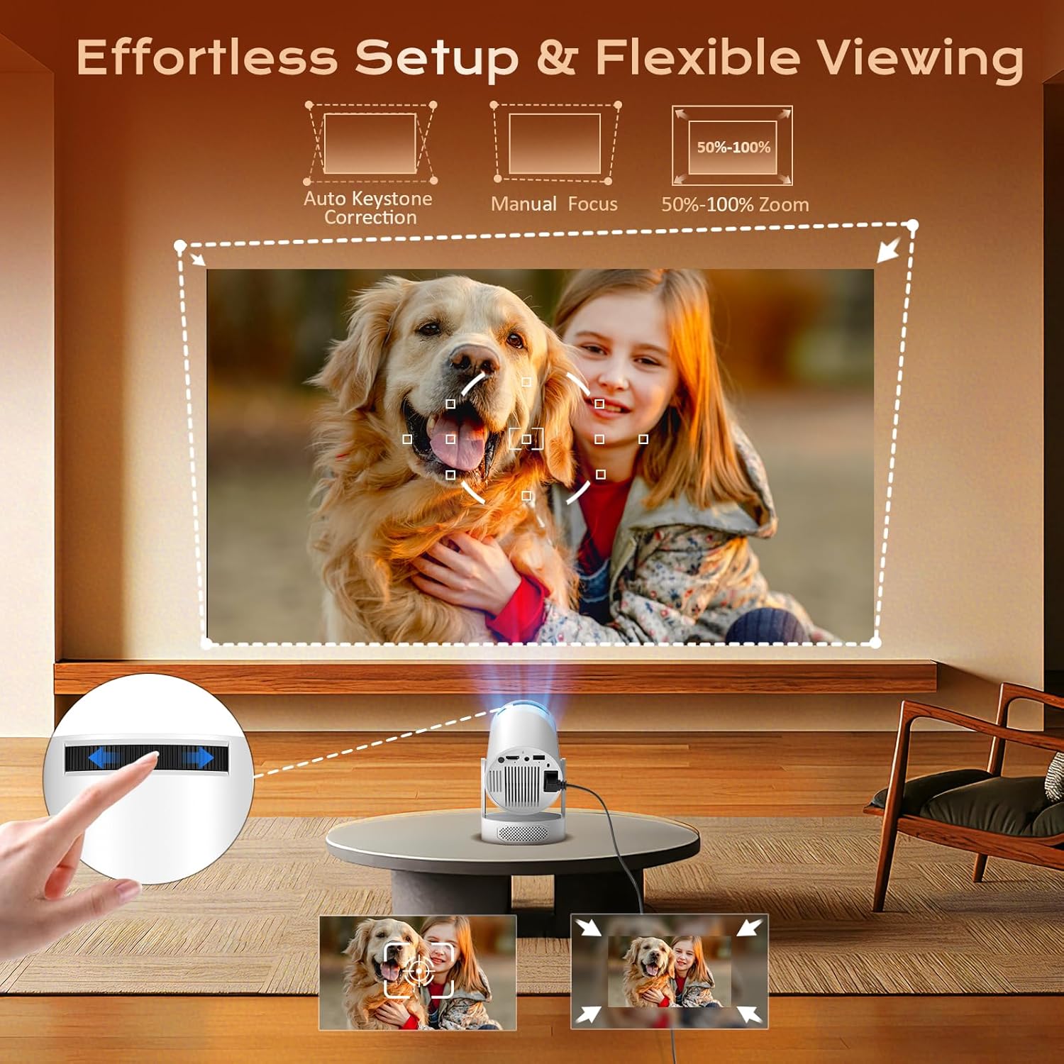 Proyector Portátil, Mini Proyector 4k 1080P Full HD Soporte 200 ANSI con WiFi 6 Bluetooth 5.4 Android 12.0, Altavoz Integrados 5W Auto Keystone Portable 270° Rotation para Cine en Casa Exterior - 5