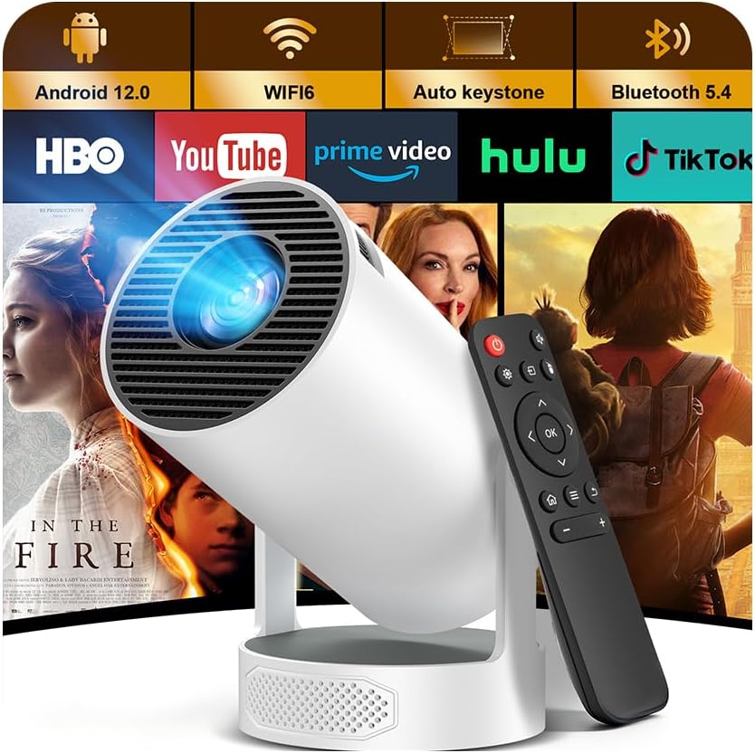 Proyector Portátil, Mini Proyector 4k 1080P Full HD Soporte 200 ANSI con WiFi 6 Bluetooth 5.4 Android 12.0, Altavoz Integrados 5W Auto Keystone Portable 270° Rotation para Cine en Casa Exterior - 1