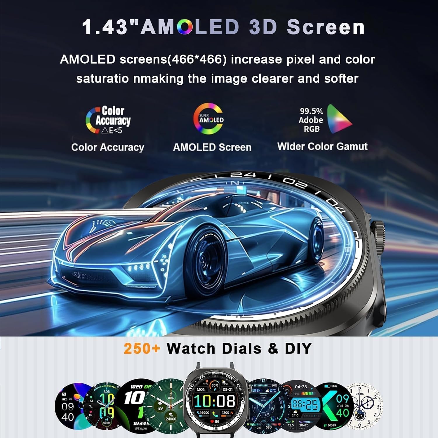 Reloj Inteligente Hombre Mujer Militar, 2026 AMOLED 1.43"HD con Llamadas Bluetooth 5.4, 60 Días de Autonomía Smart Watch con Linterna LED,IP68 Impermeable/24/7 Monitor/130+Deportivos/Android iOS - 2