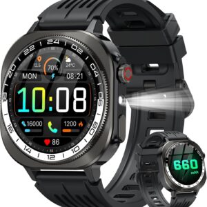 Reloj Inteligente Hombre Mujer Militar, 2026 AMOLED 1.43"HD con Llamadas Bluetooth 5.4, 60 Días de Autonomía Smart Watch con Linterna LED,IP68 Impermeable/24/7 Monitor/130+Deportivos/Android iOS