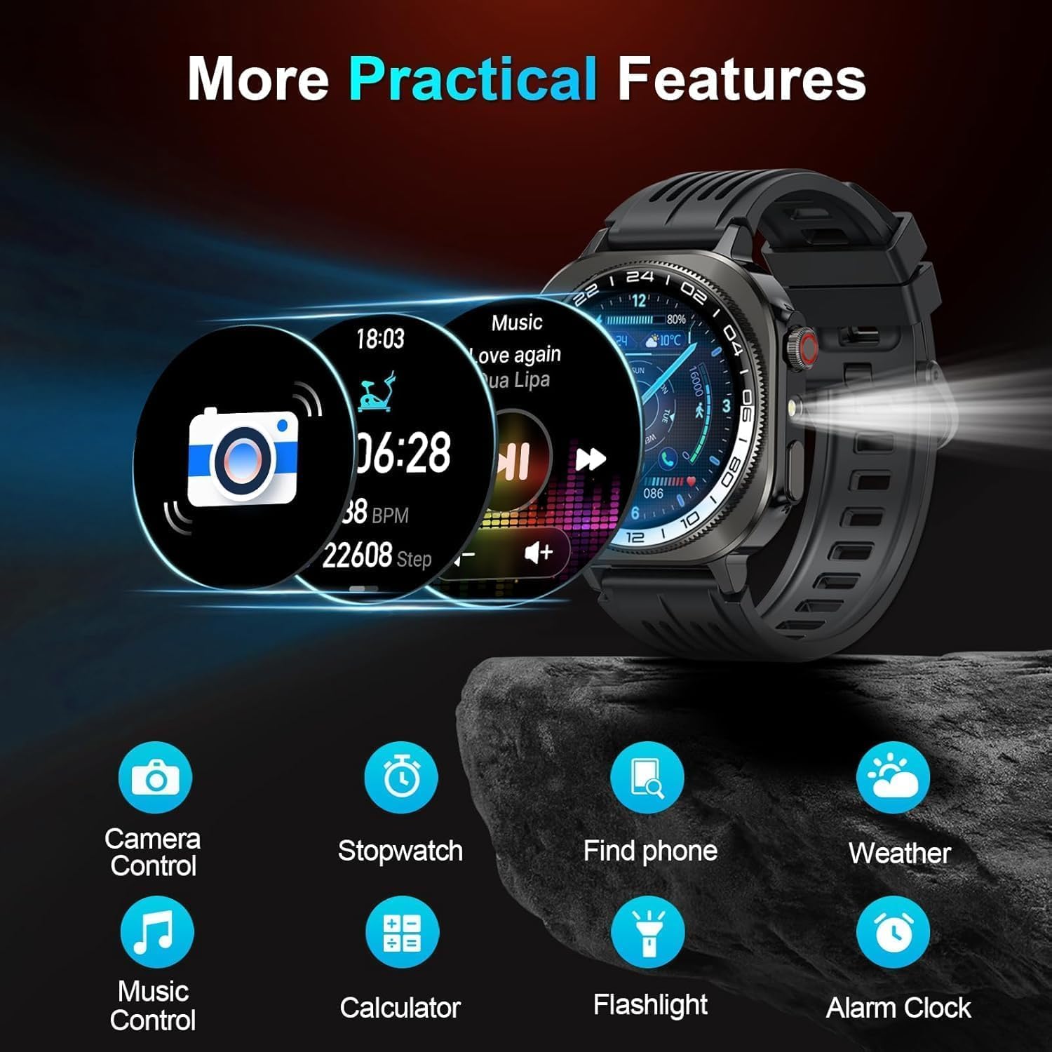 Reloj Inteligente Hombre Mujer Militar, 2026 AMOLED 1.43"HD con Llamadas Bluetooth 5.4, 60 Días de Autonomía Smart Watch con Linterna LED,IP68 Impermeable/24/7 Monitor/130+Deportivos/Android iOS - 5