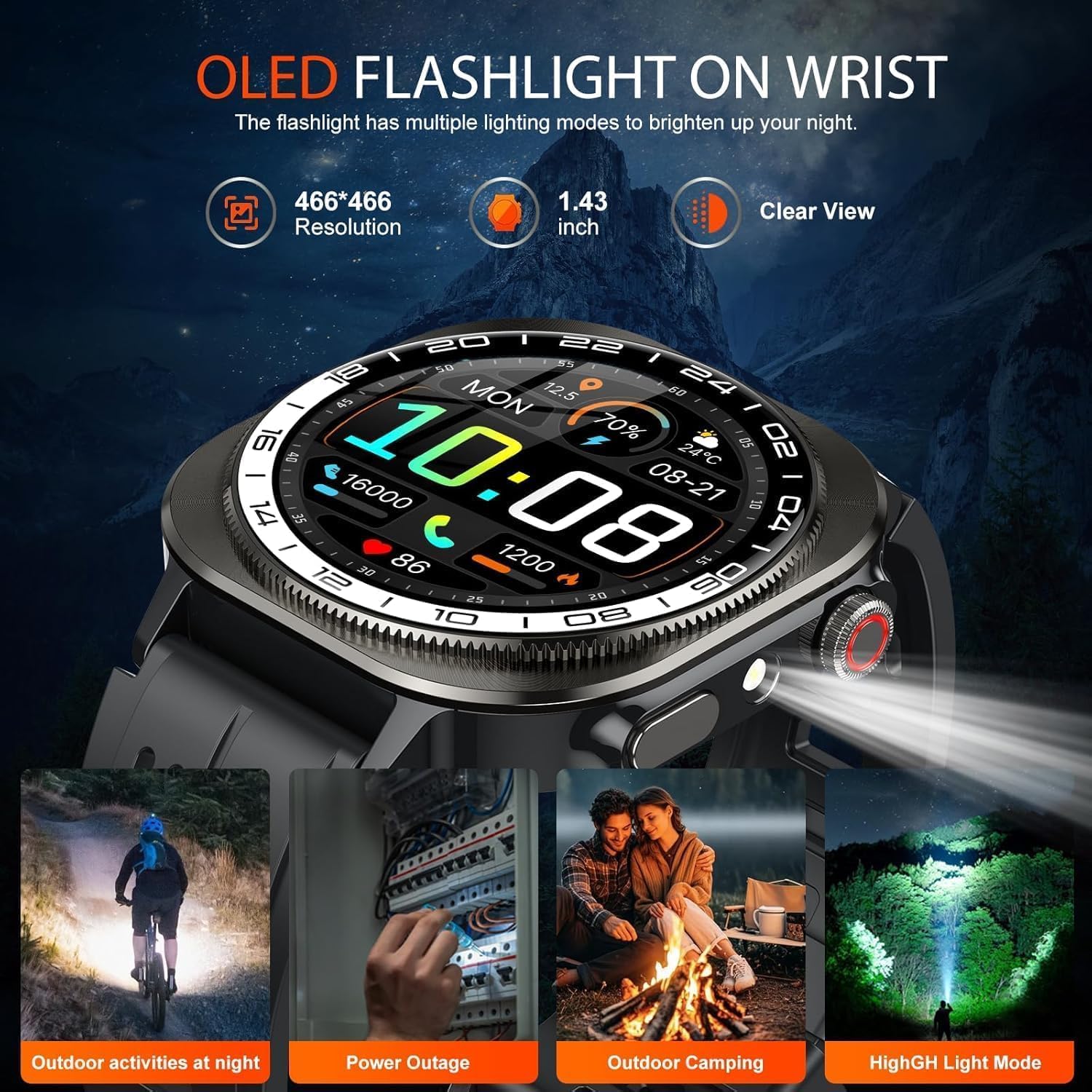 Reloj Inteligente Hombre Mujer Militar, 2026 AMOLED 1.43"HD con Llamadas Bluetooth 5.4, 60 Días de Autonomía Smart Watch con Linterna LED,IP68 Impermeable/24/7 Monitor/130+Deportivos/Android iOS - 6
