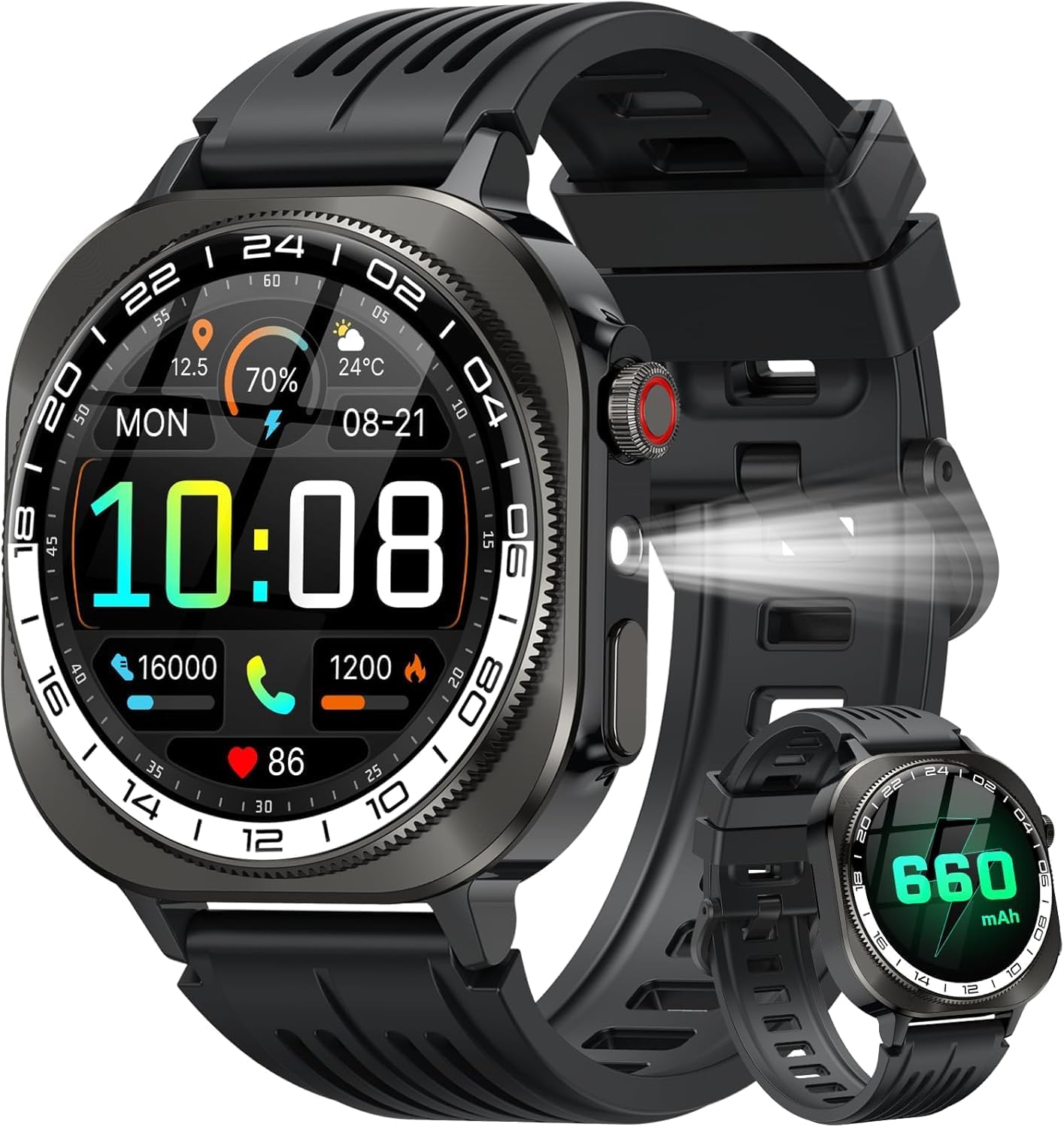 Reloj Inteligente Hombre Mujer Militar, 2026 AMOLED 1.43"HD con Llamadas Bluetooth 5.4, 60 Días de Autonomía Smart Watch con Linterna LED,IP68 Impermeable/24/7 Monitor/130+Deportivos/Android iOS - 1
