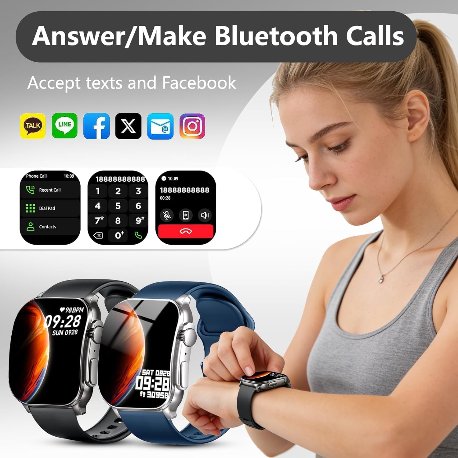 Reloj Inteligente Mujer Hombre, 2.01" Curva HD Smartwatch, Llamadas Bluetooth Smart Watch con Pulsómetro/Monitor de Sueño/Podómetro, 110+ Modos Deportivos, IP68 Pulsera Actividad para Android iOS - 3