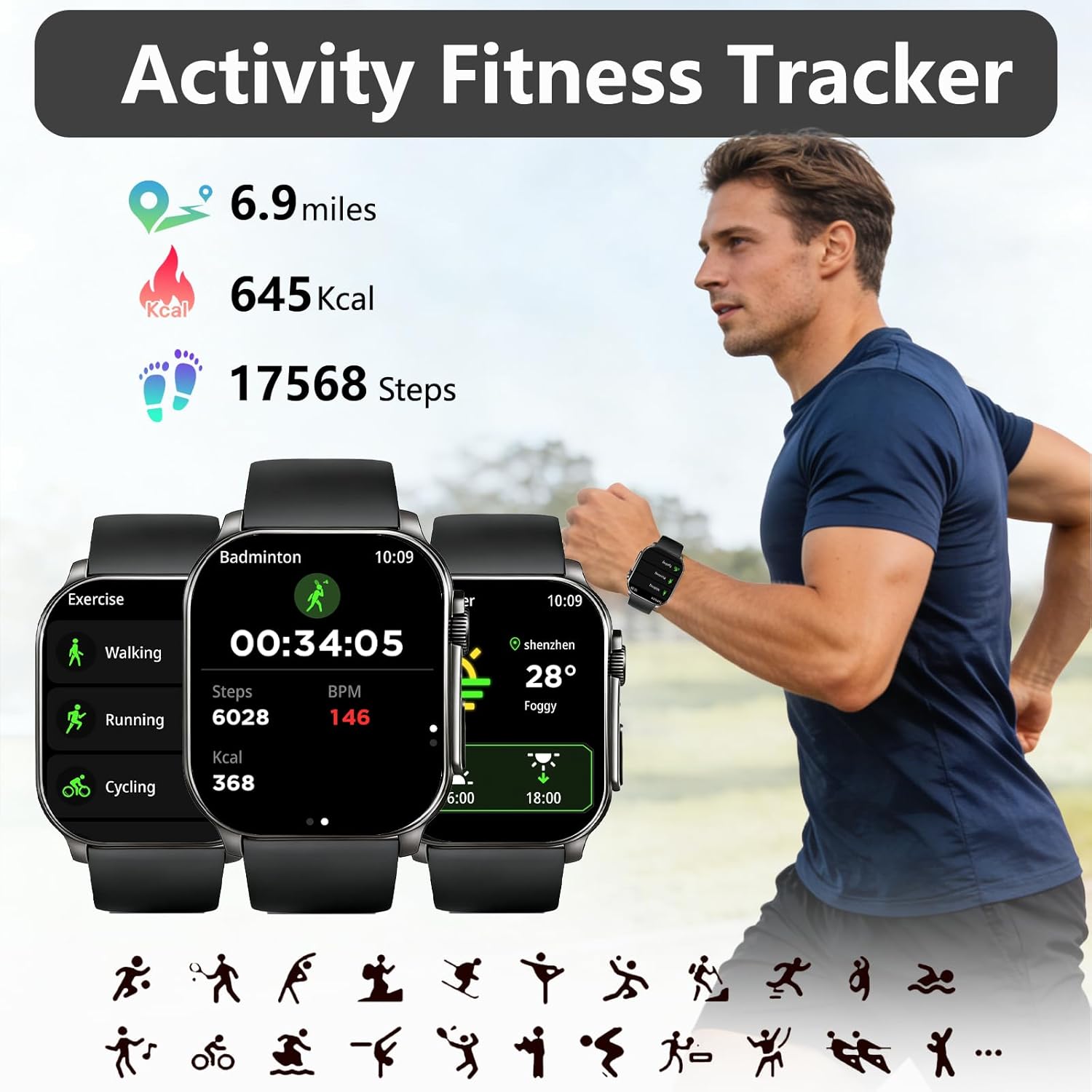 Reloj Inteligente Mujer Hombre, 2.01" Curva HD Smartwatch, Llamadas Bluetooth Smart Watch con Pulsómetro/Monitor de Sueño/Podómetro, 110+ Modos Deportivos, IP68 Pulsera Actividad para Android iOS - 4