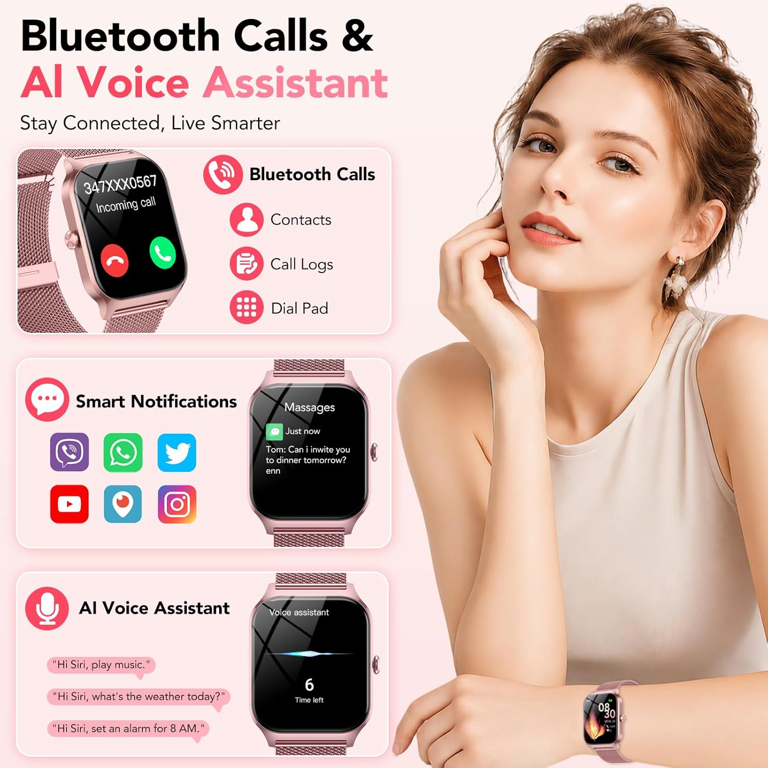 Reloj Inteligente Mujer con Llamadas Bluetooth y Asistente IA, Whatsapp Notificaciones,1.85" HD Smartwatch Mujer con SpO2/Pulsómetro/Monitor de Sueño,120+ Modos Deportes para iPhone Android,2 Correas - 2