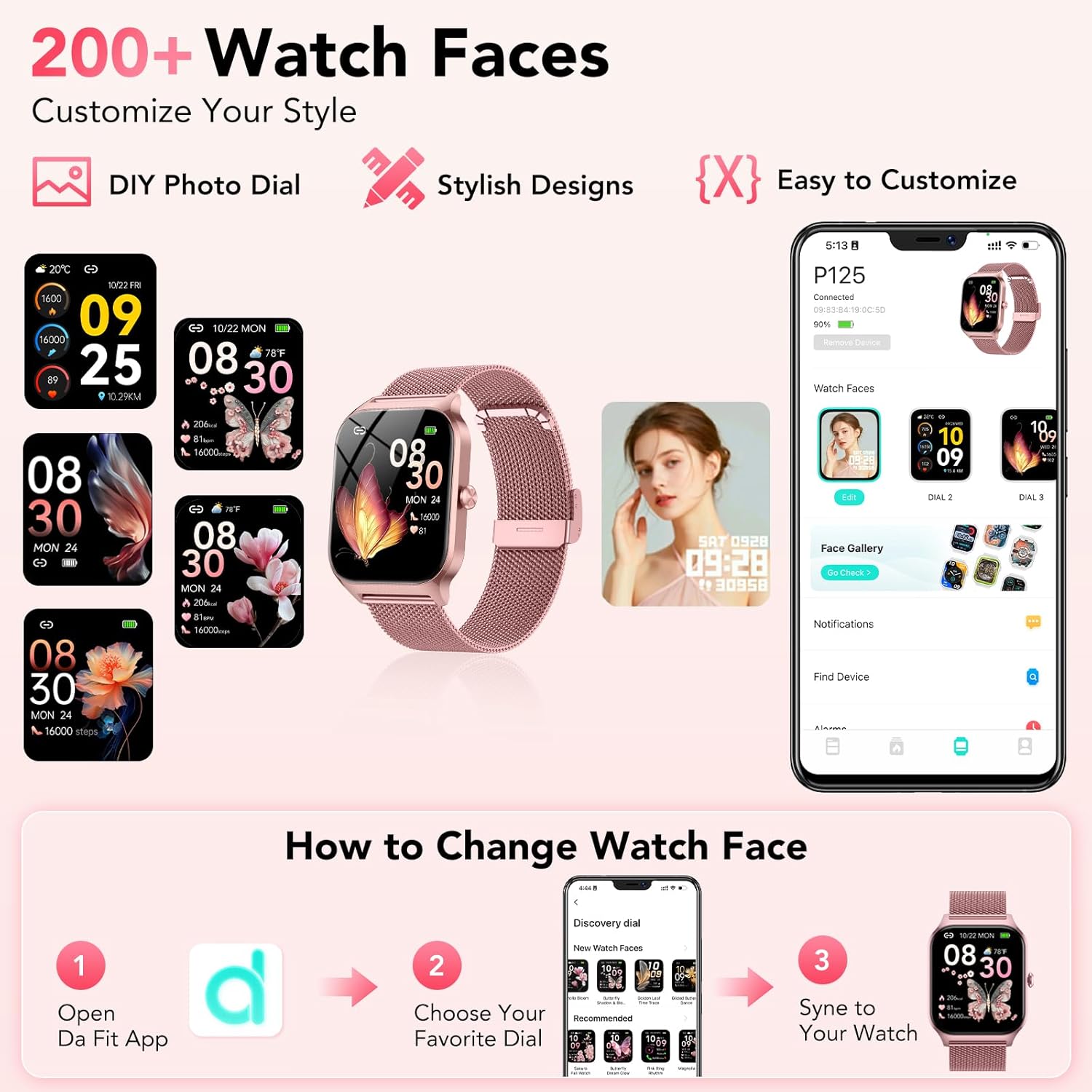 Reloj Inteligente Mujer con Llamadas Bluetooth y Asistente IA, Whatsapp Notificaciones,1.85" HD Smartwatch Mujer con SpO2/Pulsómetro/Monitor de Sueño,120+ Modos Deportes para iPhone Android,2 Correas - 3