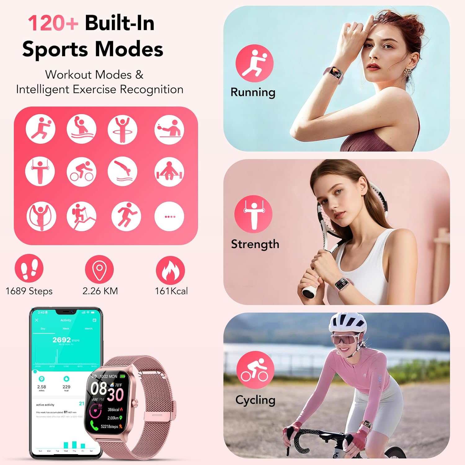 Reloj Inteligente Mujer con Llamadas Bluetooth y Asistente IA, Whatsapp Notificaciones,1.85" HD Smartwatch Mujer con SpO2/Pulsómetro/Monitor de Sueño,120+ Modos Deportes para iPhone Android,2 Correas - 4
