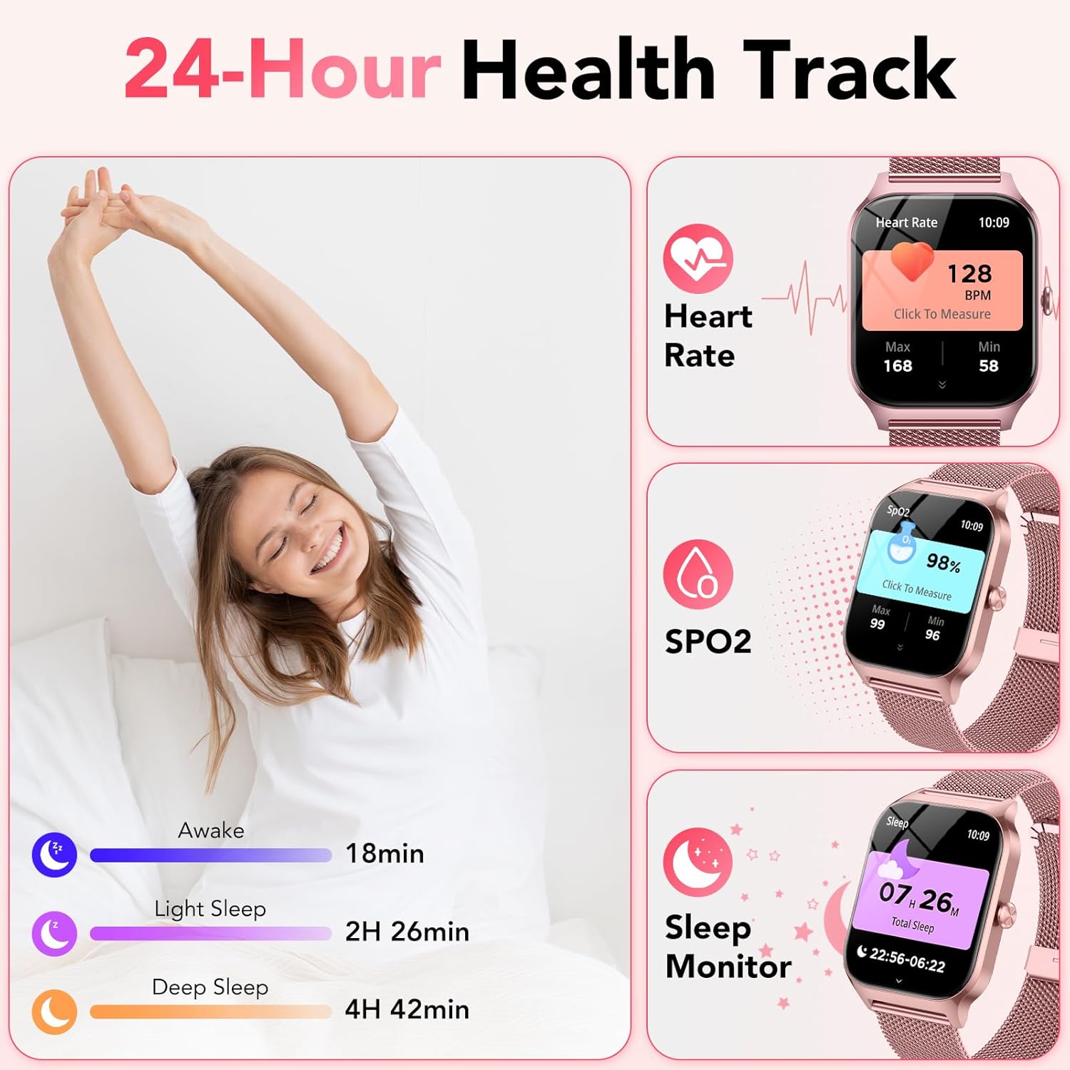Reloj Inteligente Mujer con Llamadas Bluetooth y Asistente IA, Whatsapp Notificaciones,1.85" HD Smartwatch Mujer con SpO2/Pulsómetro/Monitor de Sueño,120+ Modos Deportes para iPhone Android,2 Correas - 5