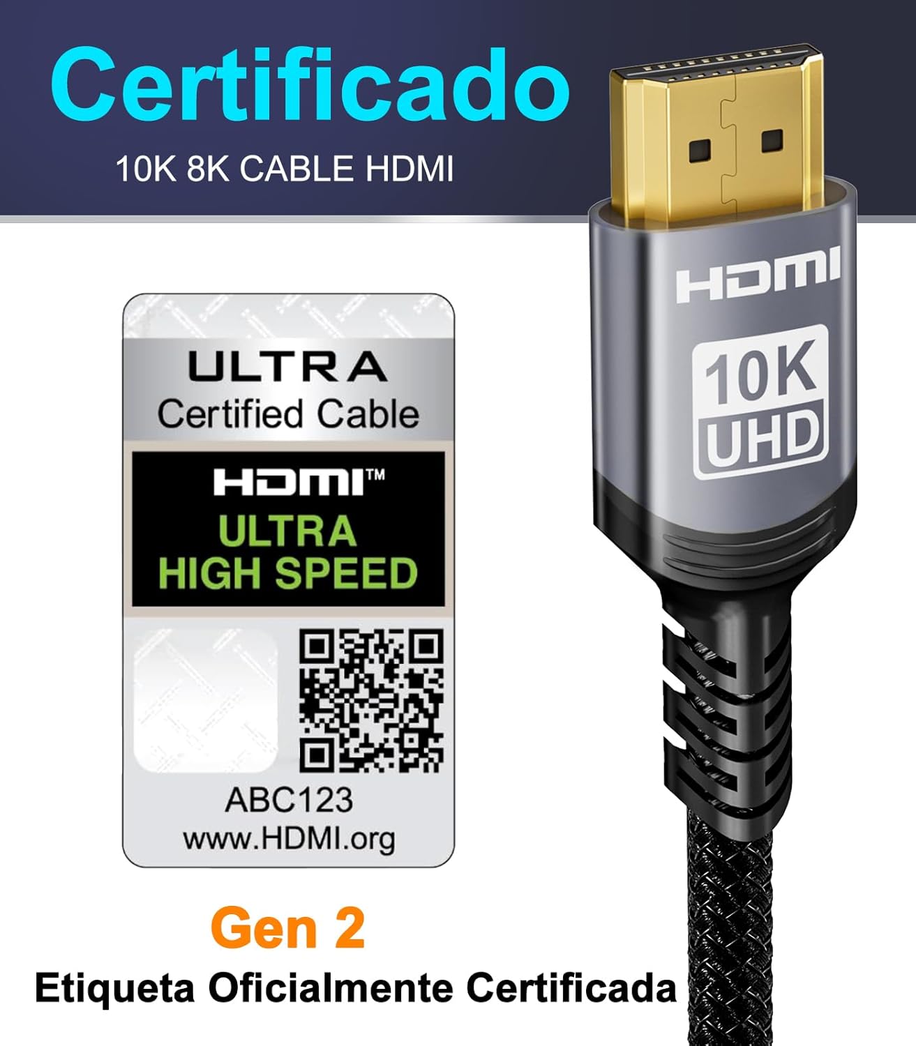 Sniokco 10K 8K 4K Cable HDMI 2.1 48Gbps 1 Metros Certificado Cable HDMI® Ultra Alta Velocidad 0.01ms 4K 240Hz 165Hz 120Hz 8K 60Hz eARC Netflix HDCP 2.3 2.2 HDR10+ TV Monitor Proyector Roku - 2