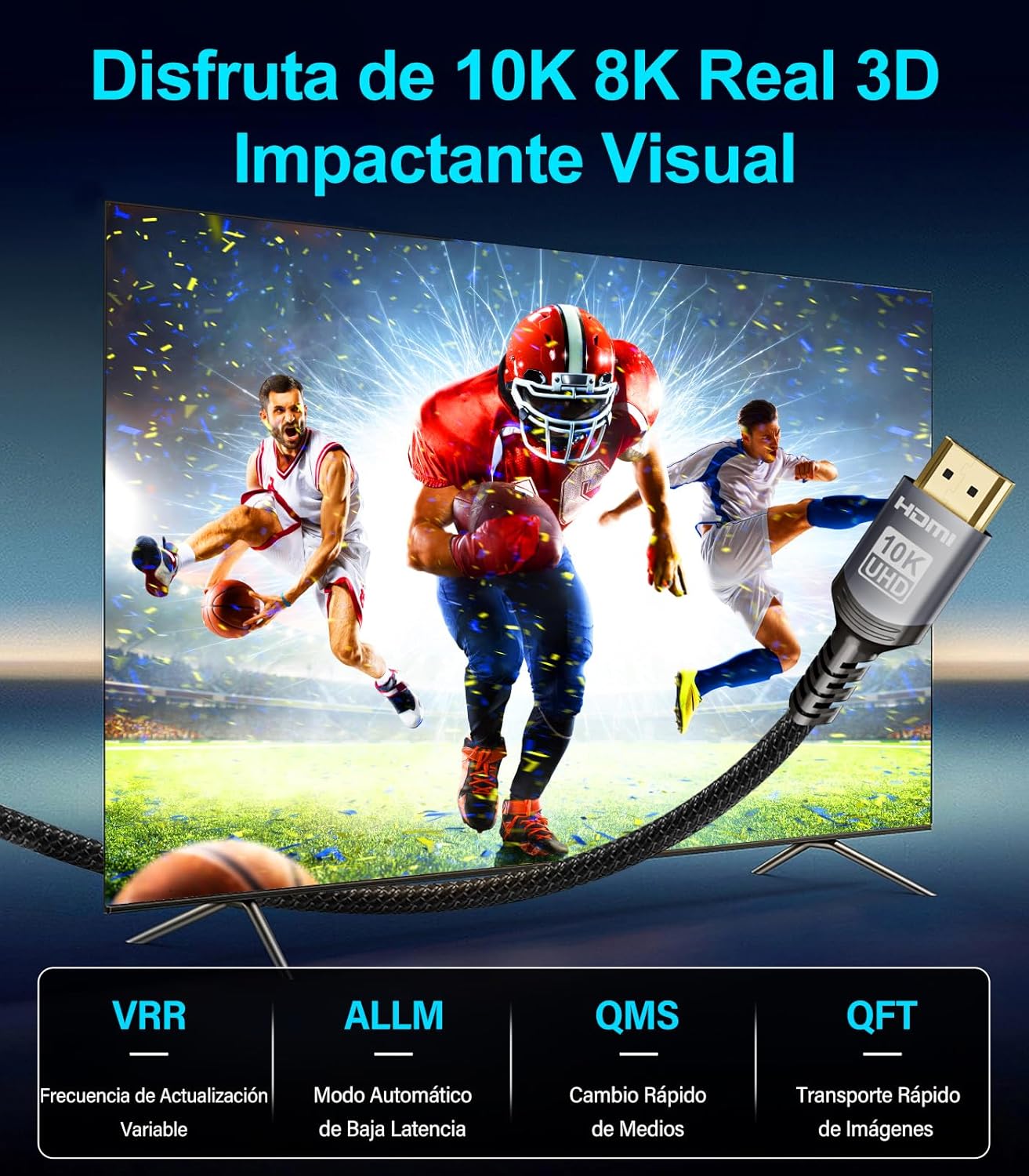 Sniokco 10K 8K 4K Cable HDMI 2.1 48Gbps 1 Metros Certificado Cable HDMI® Ultra Alta Velocidad 0.01ms 4K 240Hz 165Hz 120Hz 8K 60Hz eARC Netflix HDCP 2.3 2.2 HDR10+ TV Monitor Proyector Roku - 5