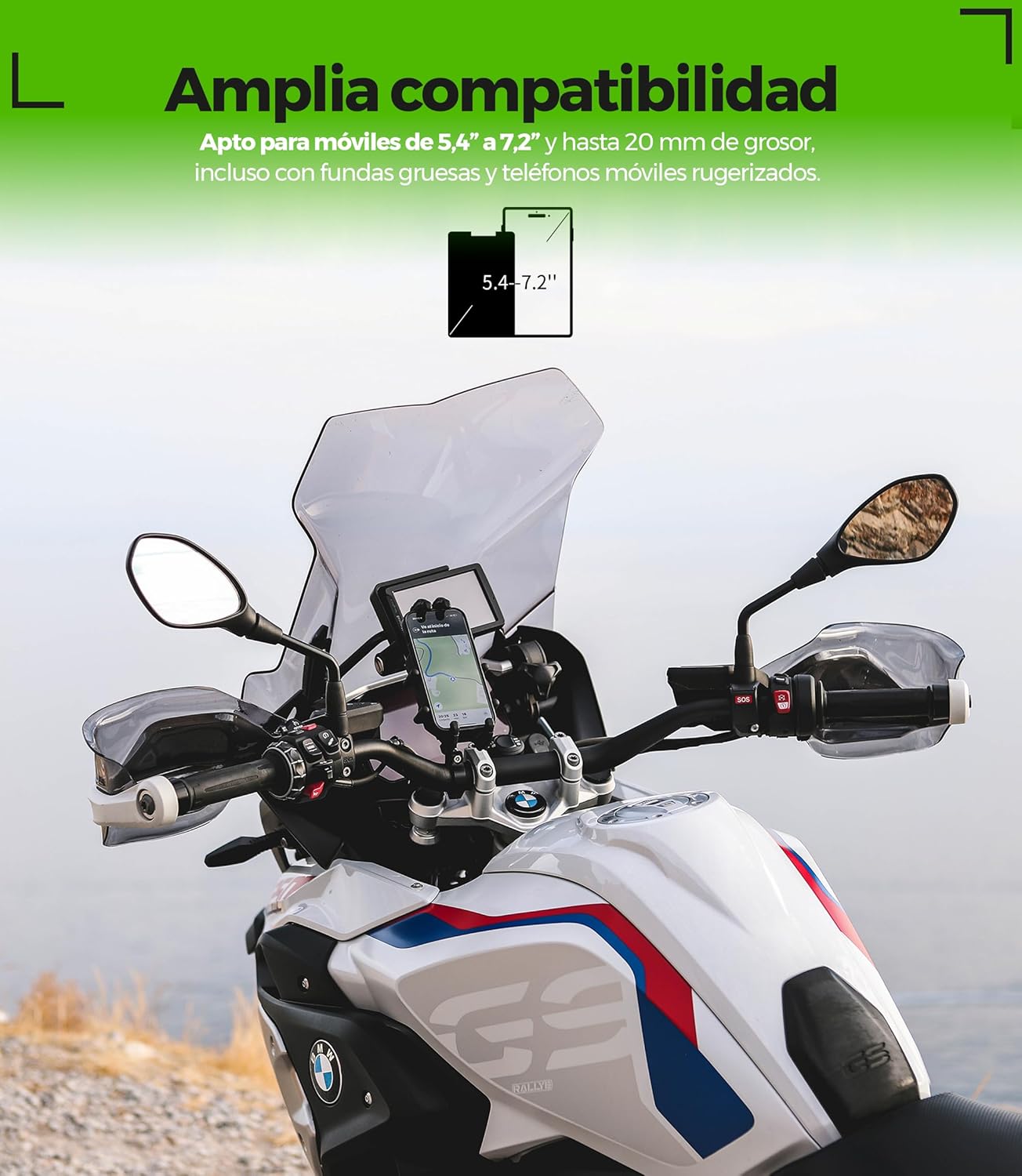 Soporte Movil Moto Trail Ultra Resistente Antivibracion Antirrobo Compatible Smartphones Ruggerizados 5.4 a 7.2 Pulgadas Montaje Seguro Manillar para Adventure Enduro Touring Offroad - 5