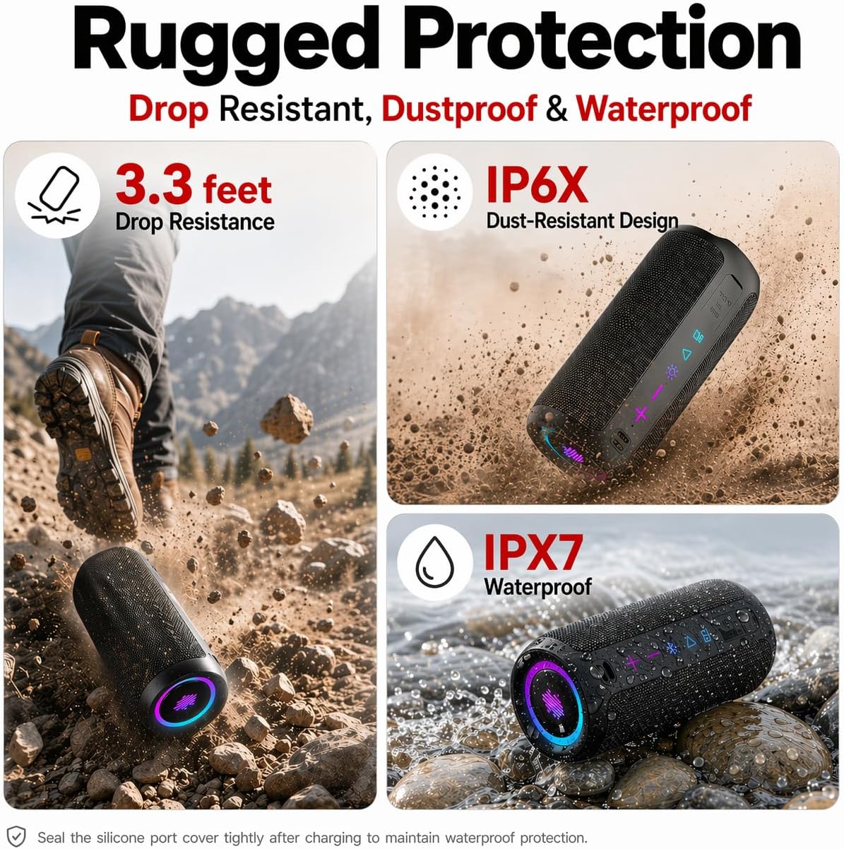 TIMU Altavoz Bluetooth 5.4 Potente, 25W Altavoces Bluetooth con 2 Modos EQ, Correa de Transporte, Compatible con PC, 8 Modos RGB, 24H de Reproducción, Emparejamiento TWS, IPX7, Micro SD y AUX - 5