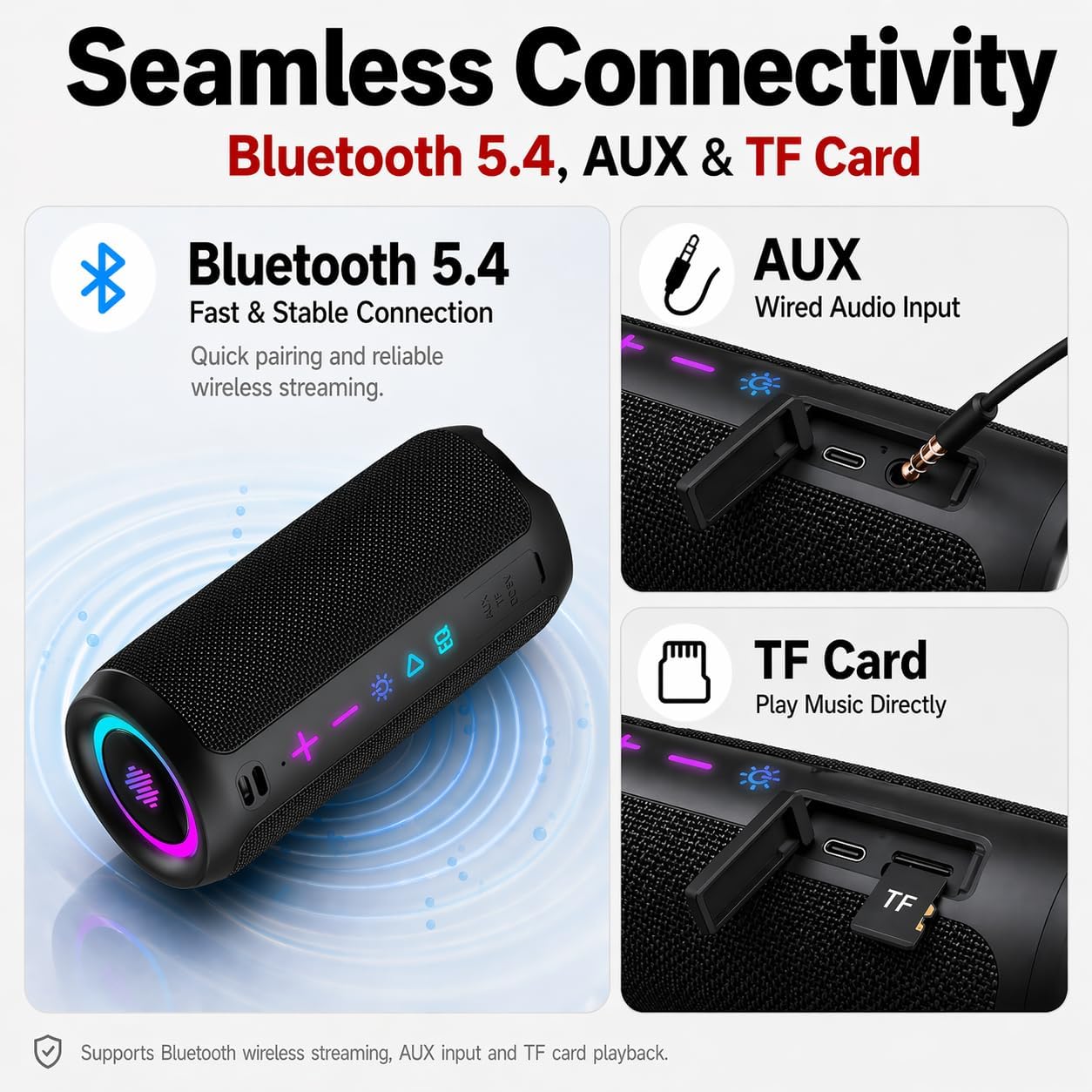 TIMU Altavoz Bluetooth 5.4 Potente, 25W Altavoces Bluetooth con 2 Modos EQ, Correa de Transporte, Compatible con PC, 8 Modos RGB, 24H de Reproducción, Emparejamiento TWS, IPX7, Micro SD y AUX - 6