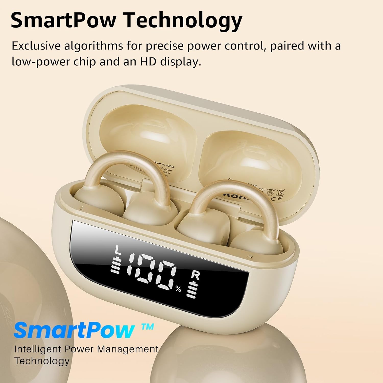 TOZO Openearring Auriculares Inalámbricos Bluetooth 5.4,EQs Personalizable con APP,40H Autonomía,Tipo C y IPX5, Pantalla LED,Clip Ultraligero 5.1g,Ideal para Oficina,Llamadas y Deporte,Caqui - 5