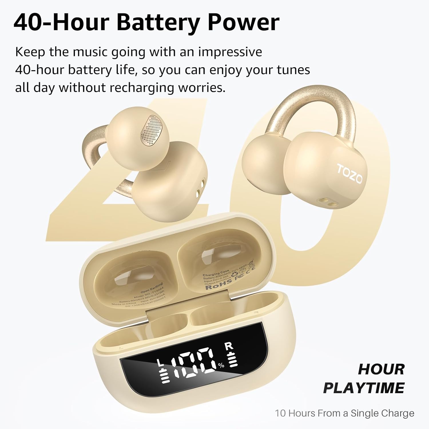 TOZO Openearring Auriculares Inalámbricos Bluetooth 5.4,EQs Personalizable con APP,40H Autonomía,Tipo C y IPX5, Pantalla LED,Clip Ultraligero 5.1g,Ideal para Oficina,Llamadas y Deporte,Caqui - 6