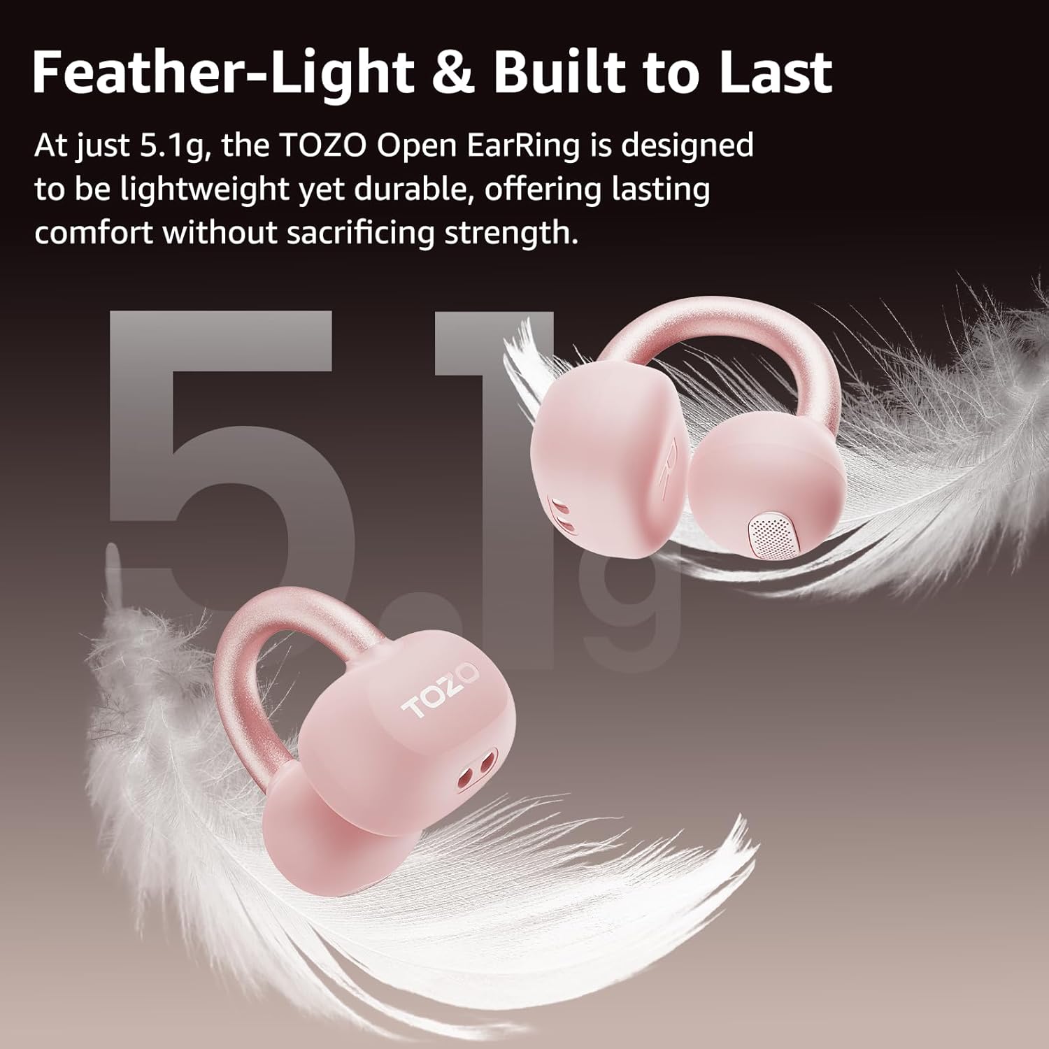 TOZO Openearring Auriculares Inalámbricos Bluetooth 5.4,EQs Personalizable con APP,40H Autonomía,Tipo C y IPX5, Pantalla LED,Clip Ultraligero 5.1g,Ideal para Oficina,Llamadas y Deporte,Rosa - 3